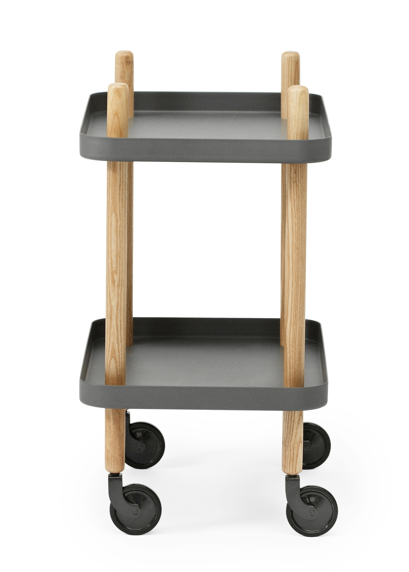 Dunkelgrauer Normann Copenhagen Block Table Servierwagen mit zwei Ablagen und Rollen.