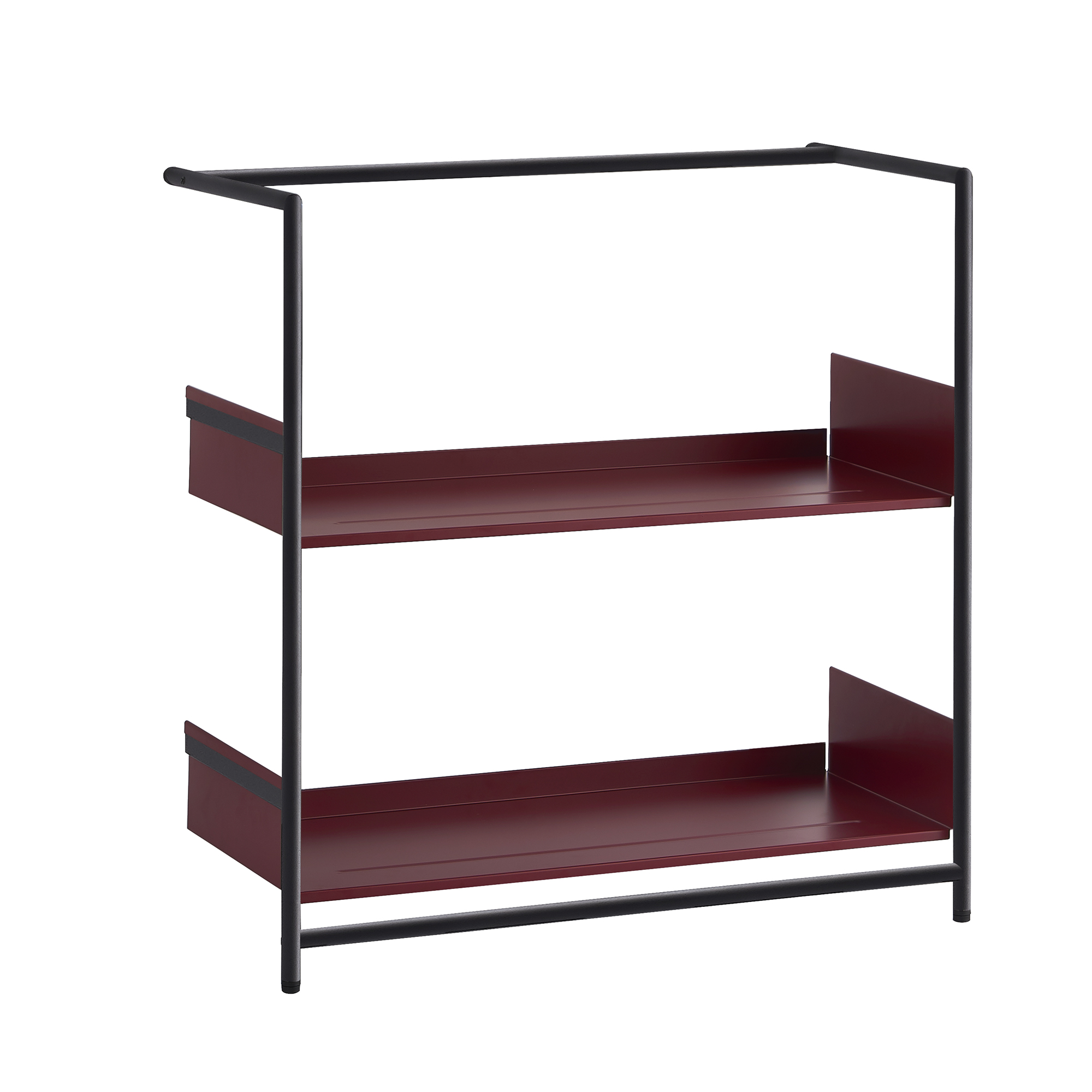 Pool 82 Regal von Mox: Anlehnregal / Schuhregal mit zwei bordeauxroten Ablageflächen und schwarzem Metallgestell.