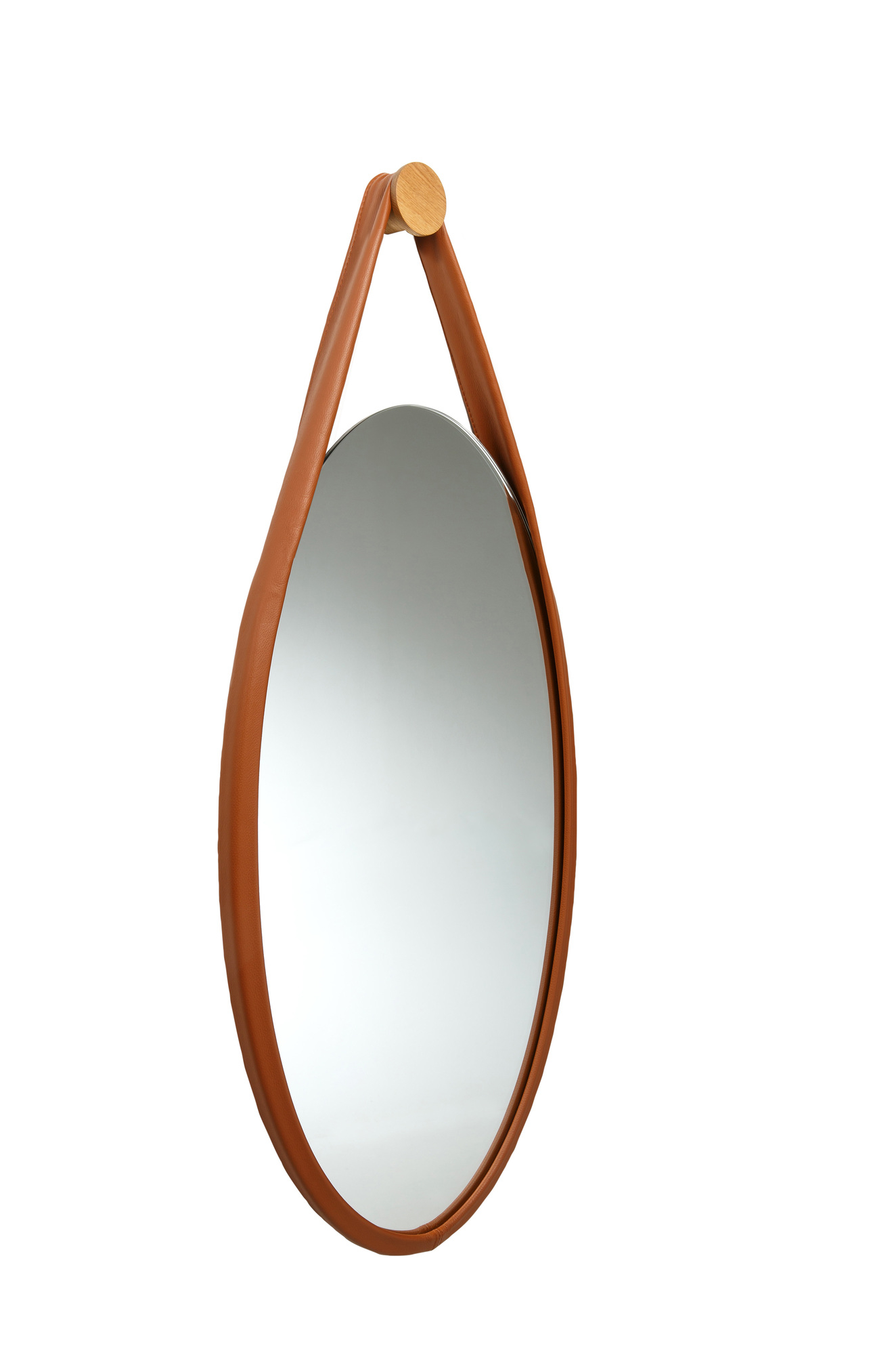 Favius Wandspiegel mit cognacfarbenem Lederband und geölter Eichenholzaufhängung, modernes Design für Wohnzimmer und Bad.