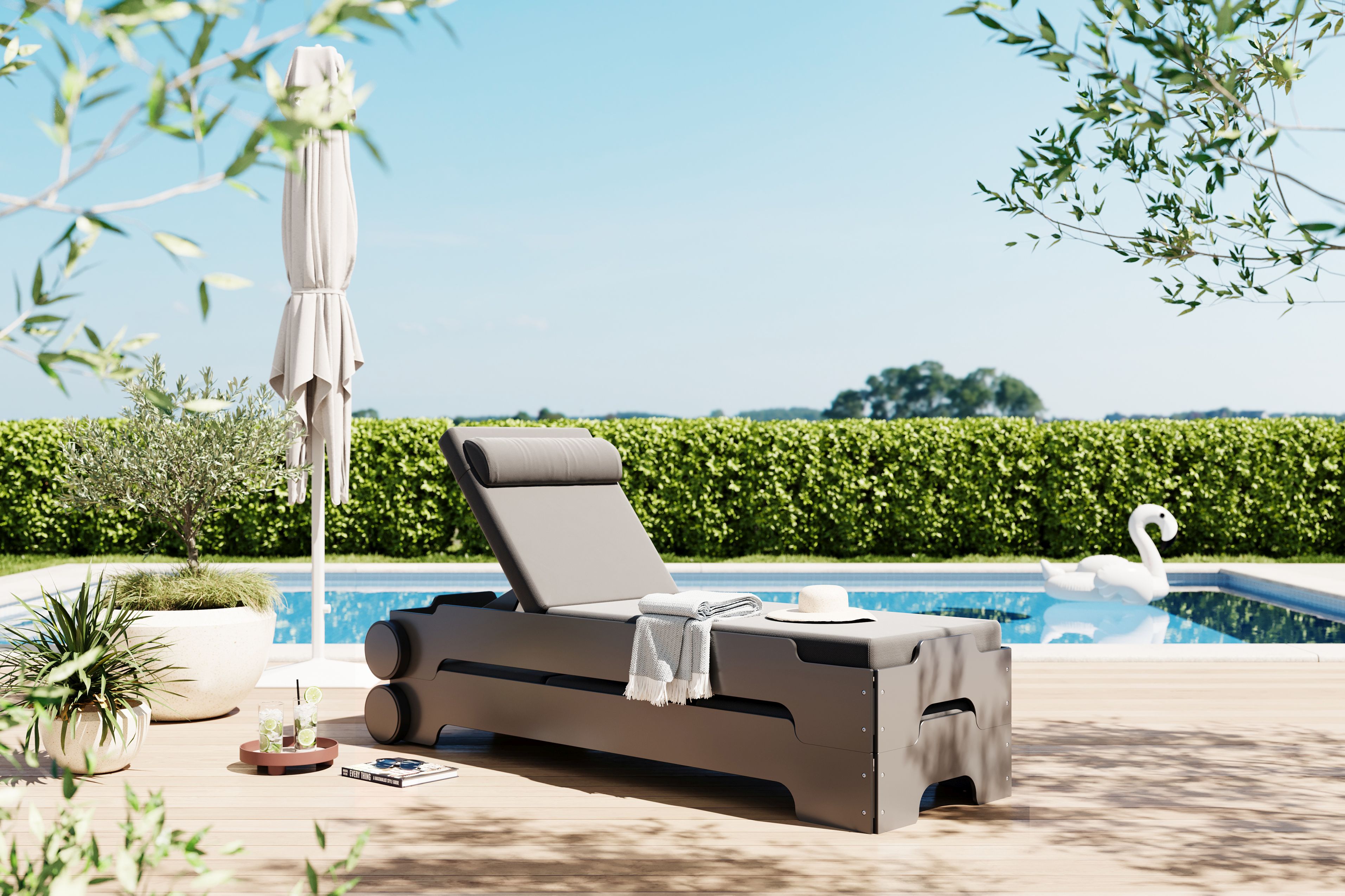 Chaise longue empilable Solara avec roues et coussin Outdoor Müller Möbelwerkstätten