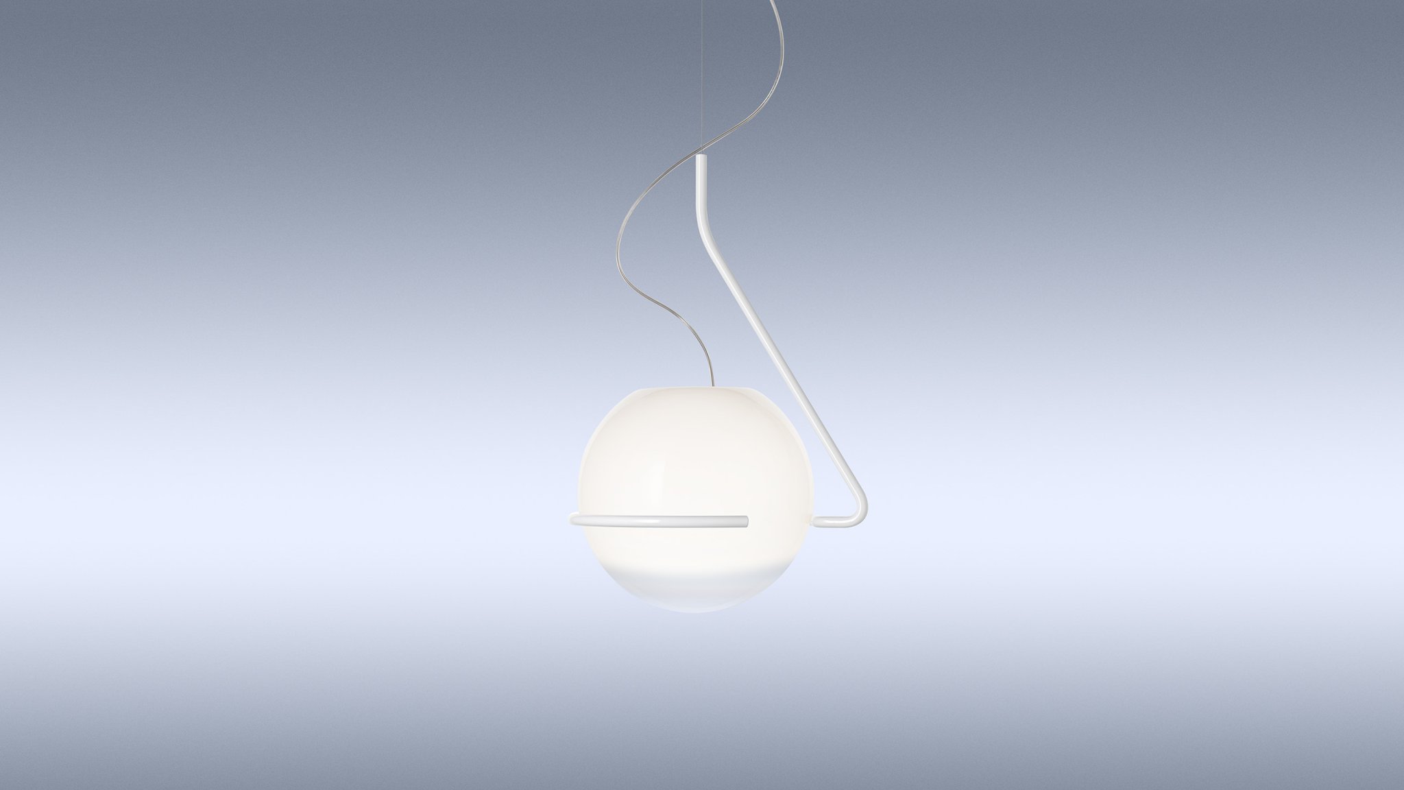 Moderne Tonda Pendelleuchte von Foscarini mit kugelförmigem Lampenschirm und weißem Metallgestell für stilvolle Innenbeleuchtung.