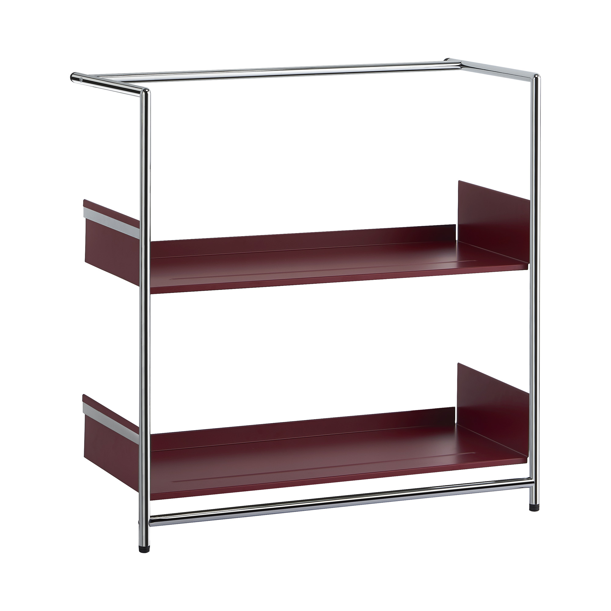 Pool 82 Regal von Mox, Anlehnregal mit zwei roten Ablageflächen und verchromtem Stahlgestell.