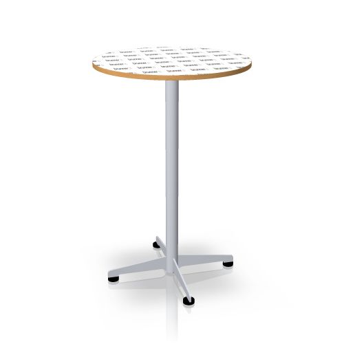 Runder, klappbarer Stehtisch "pivot" von Brunner mit weißem Gestell und bedruckter Tischplatte.
