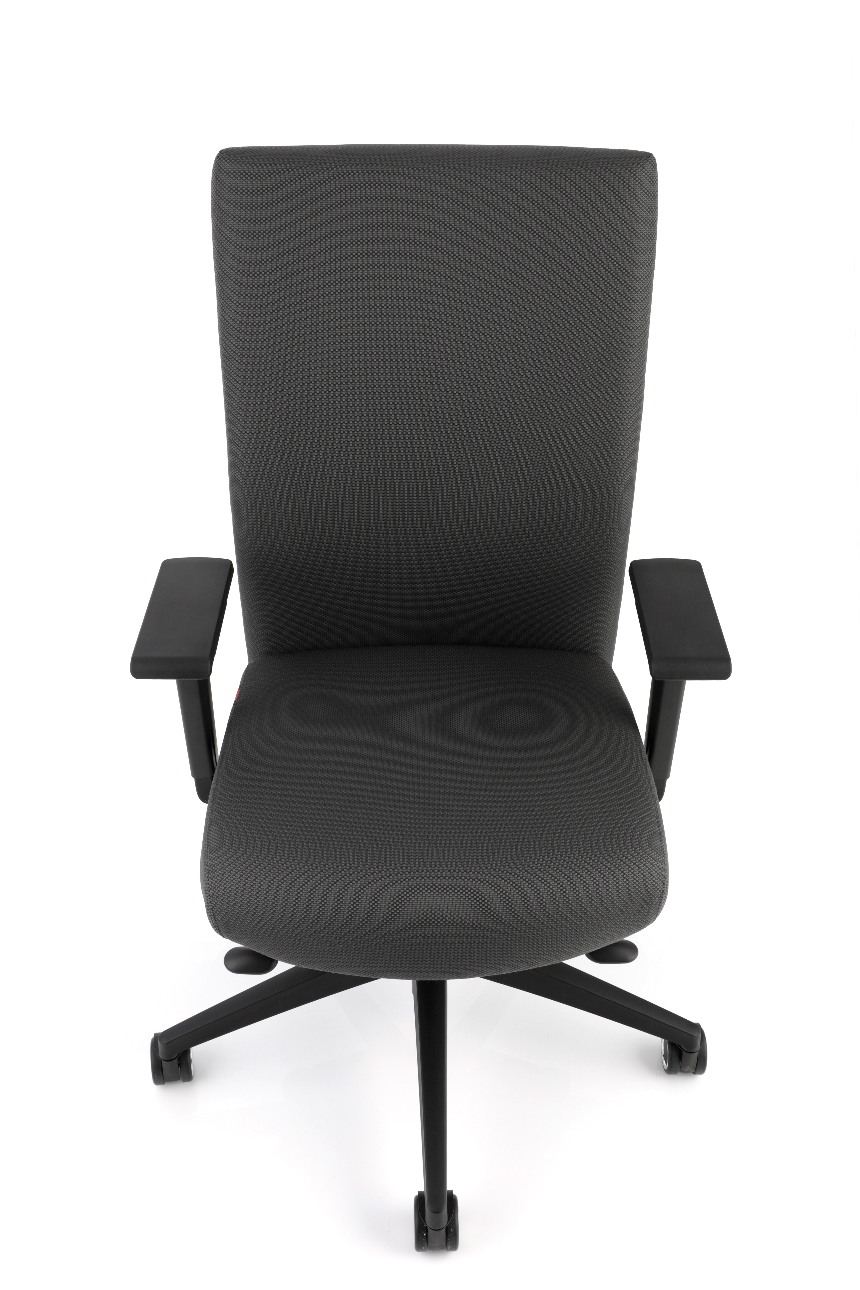 Ansicht von vorne: Grauer Selleo Bürodrehstuhl von Köhl mit Armlehnen und Rollen. Ergonomischer Arbeitsstuhl.