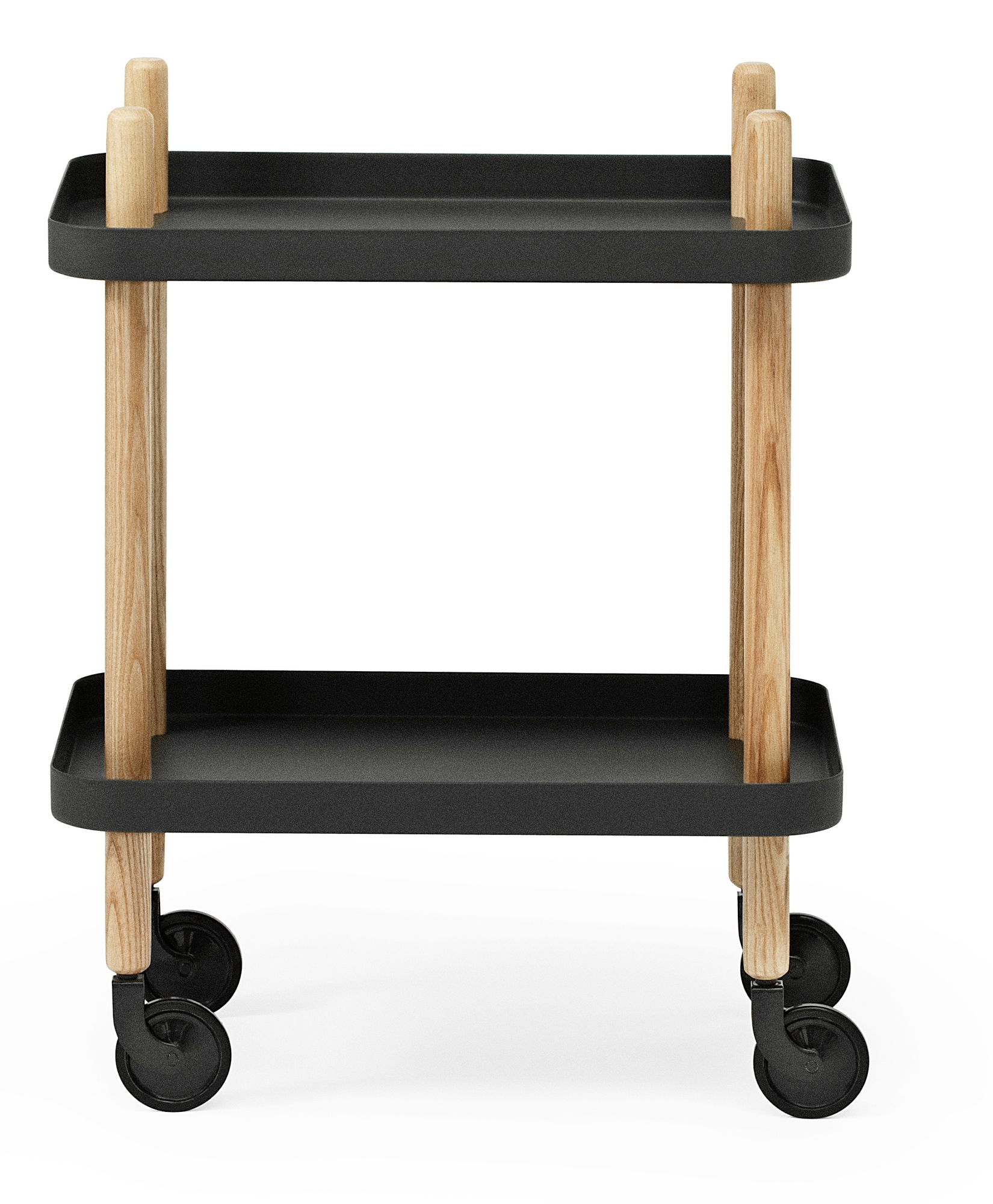 Normann Copenhagen Block Table Servierwagen in Schwarz mit zwei Ablageflächen und Rollen.
