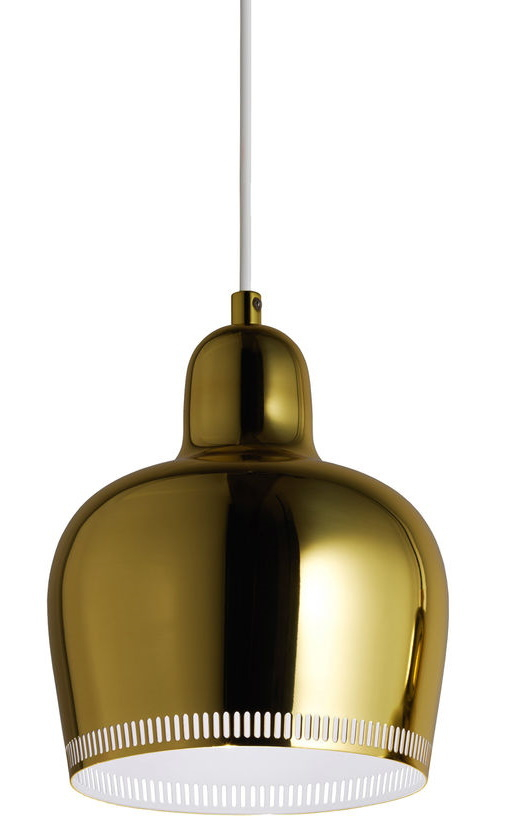 A330S Golden Bell Pendelleuchte von Artek: Messingfarbene Hängelampe mit weißem Diffusor und filigranen Perforationen.