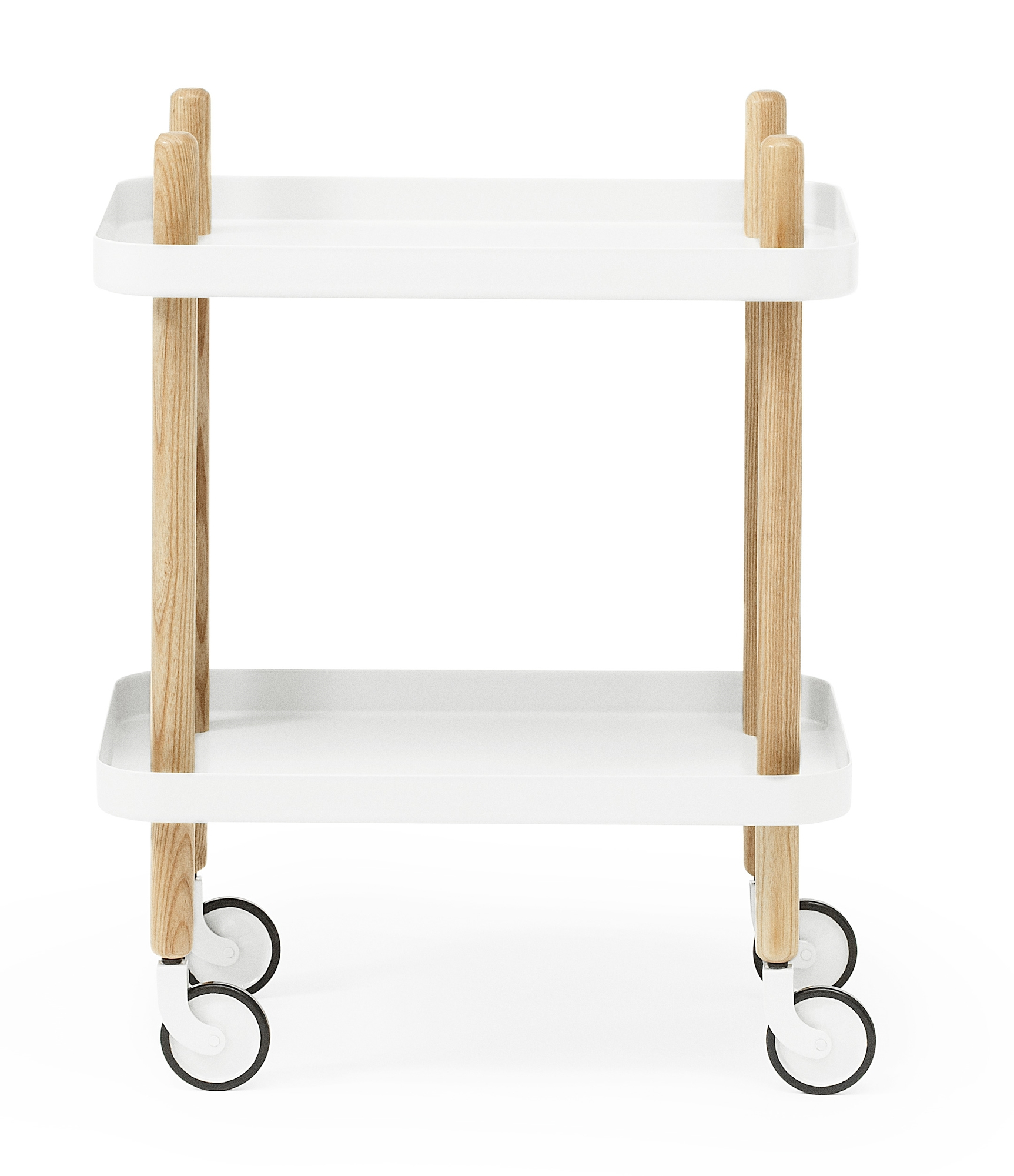Block Table Chariots de nourriture Normann Copenhagen Blanc Weißer Block Table Servierwagen von Normann Copenhagen mit zwei Ablageflächen und Holzbeinen.