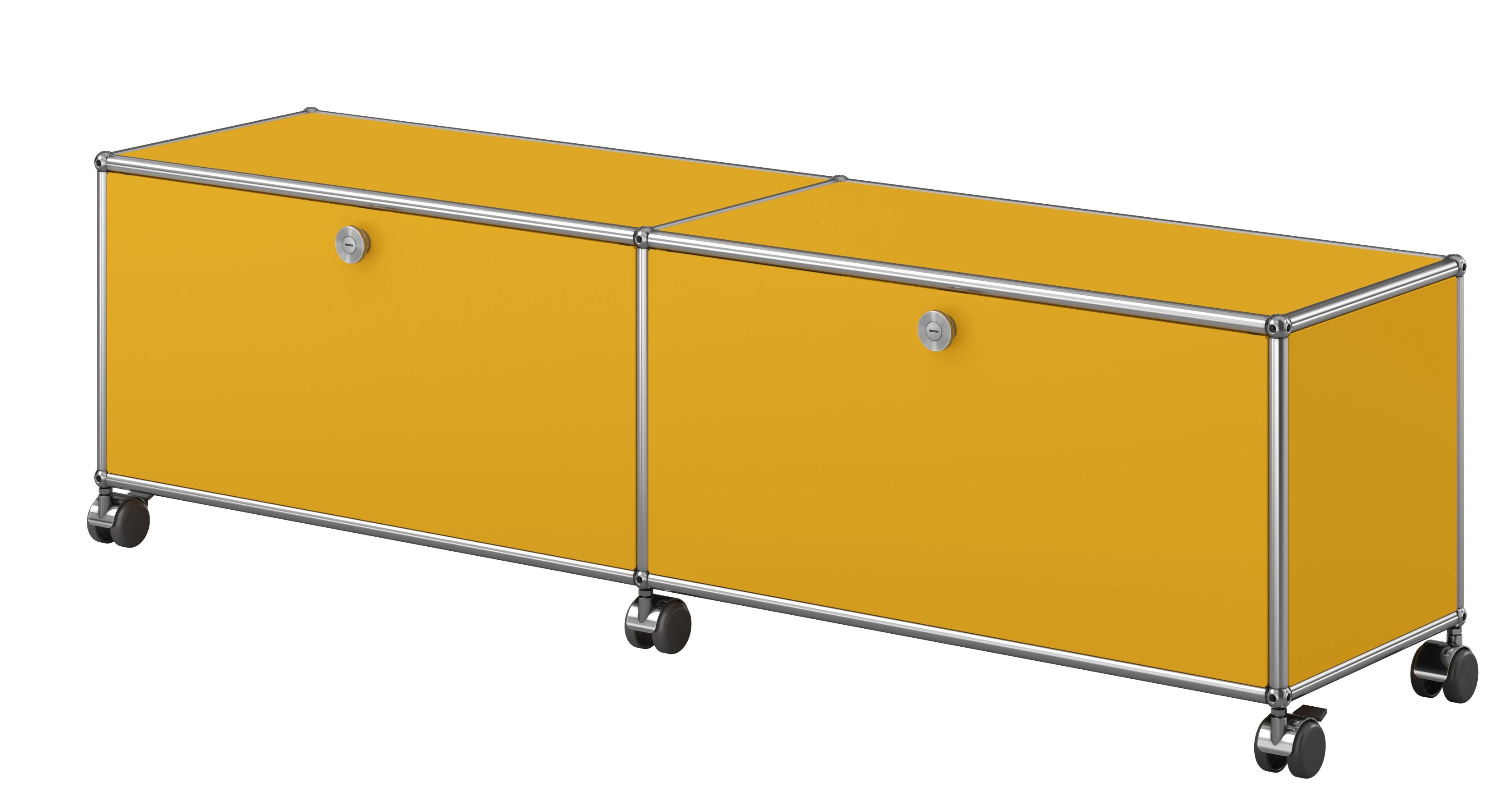 USM Haller Lowboard sur roulettes avec 2 portes pliantes Jaune gold USM Haller Lowboard sur roulettes avec 2 portes pliantes Jaune gold