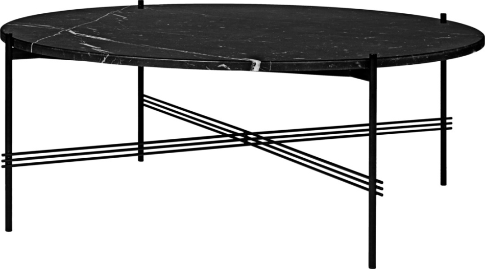 TS Coffee Table mit schwarzer Marquina Marmorplatte und filigranem, schwarzem Metallgestell von Gubi.