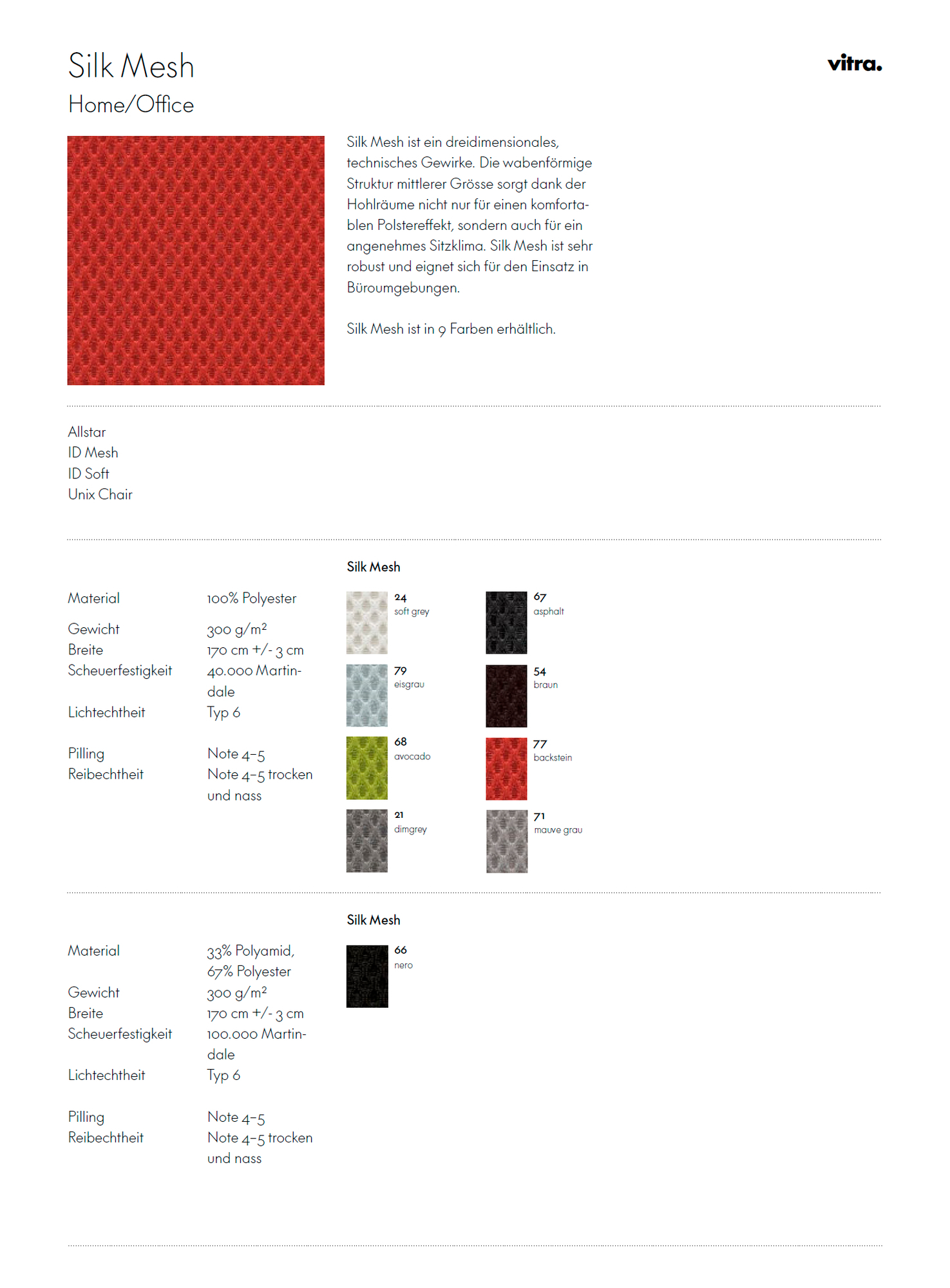 Detailansicht der Vitra Silk Mesh Stoffmusterkarte mit verschiedenen Farbvarianten und Materialinformationen.