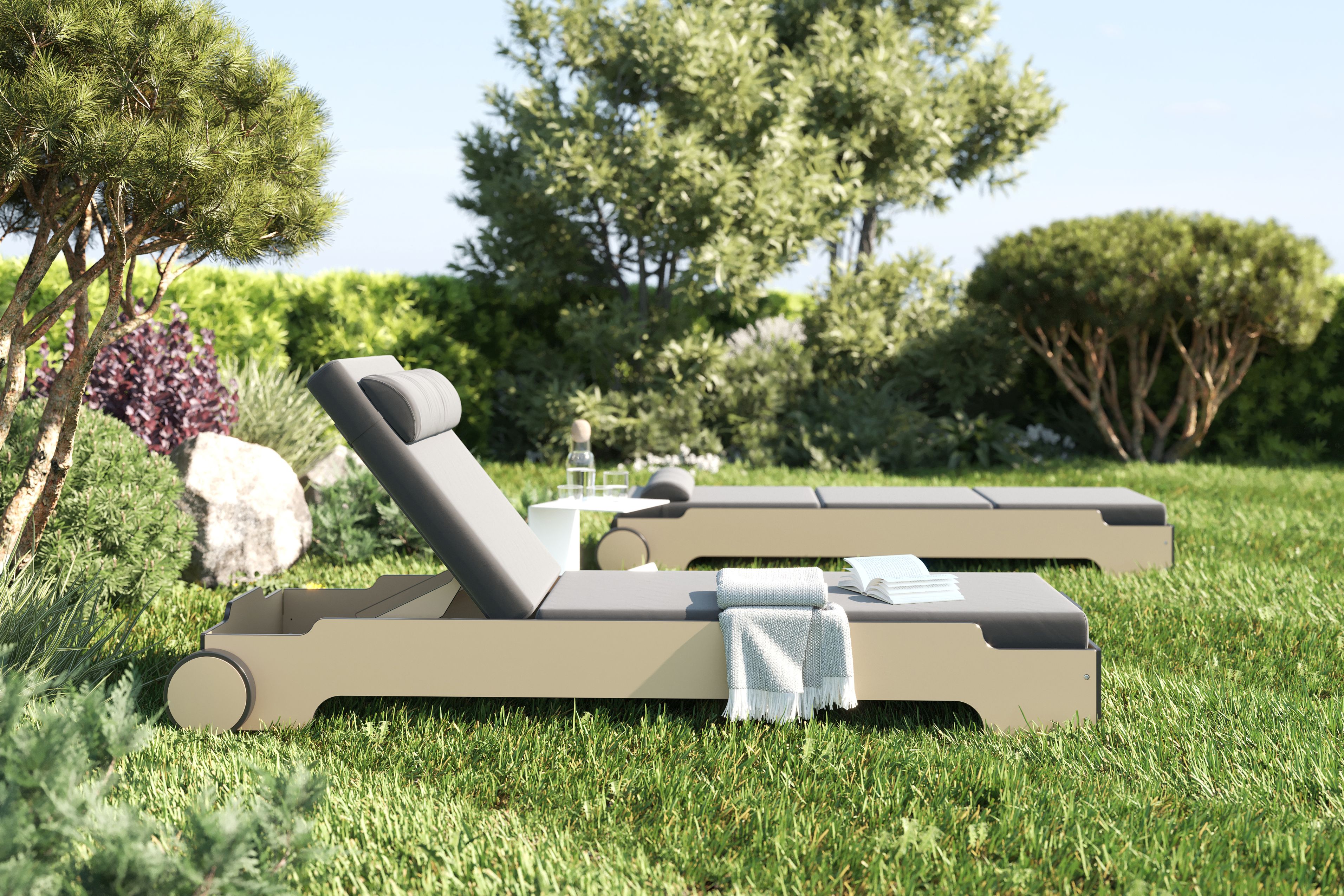 Chaise longue empilable Solara avec roues et coussin Outdoor Müller Möbelwerkstätten
