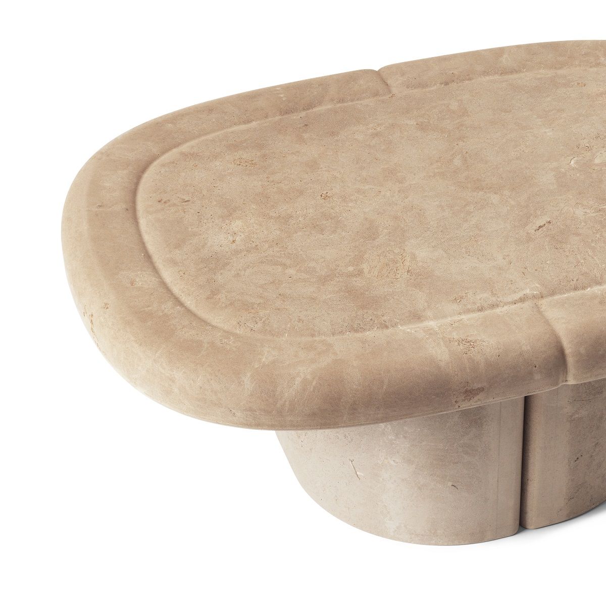 Detailaufnahme des ovalen Alder Lounge Couchtisches von Mater, geeignet für Innen- und Außenbereiche.