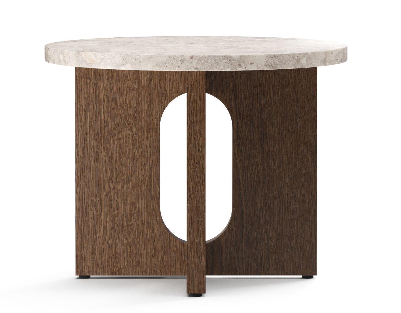Androgyne table d'appoint Ø50 cm Audo Androgyne Beistelltisch mit runder Kunis Breccia Stone Tischplatte und dunkel gebeiztem Eichengestell.