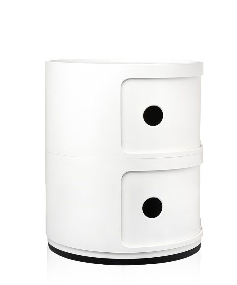 Weißer Componibili 2er Container von Kartell: Moderner, runder Nachttisch mit zwei Schubladen und schwarzen Griffen.