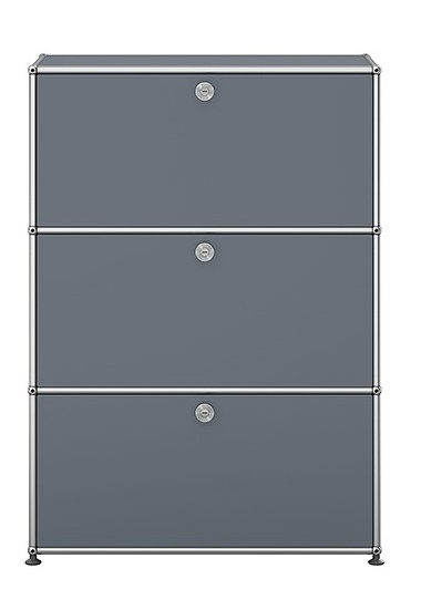 USM Haller Highboard in Mittelgrau mit drei Klappen, modernes Designmöbel für Büro und Wohnraum.