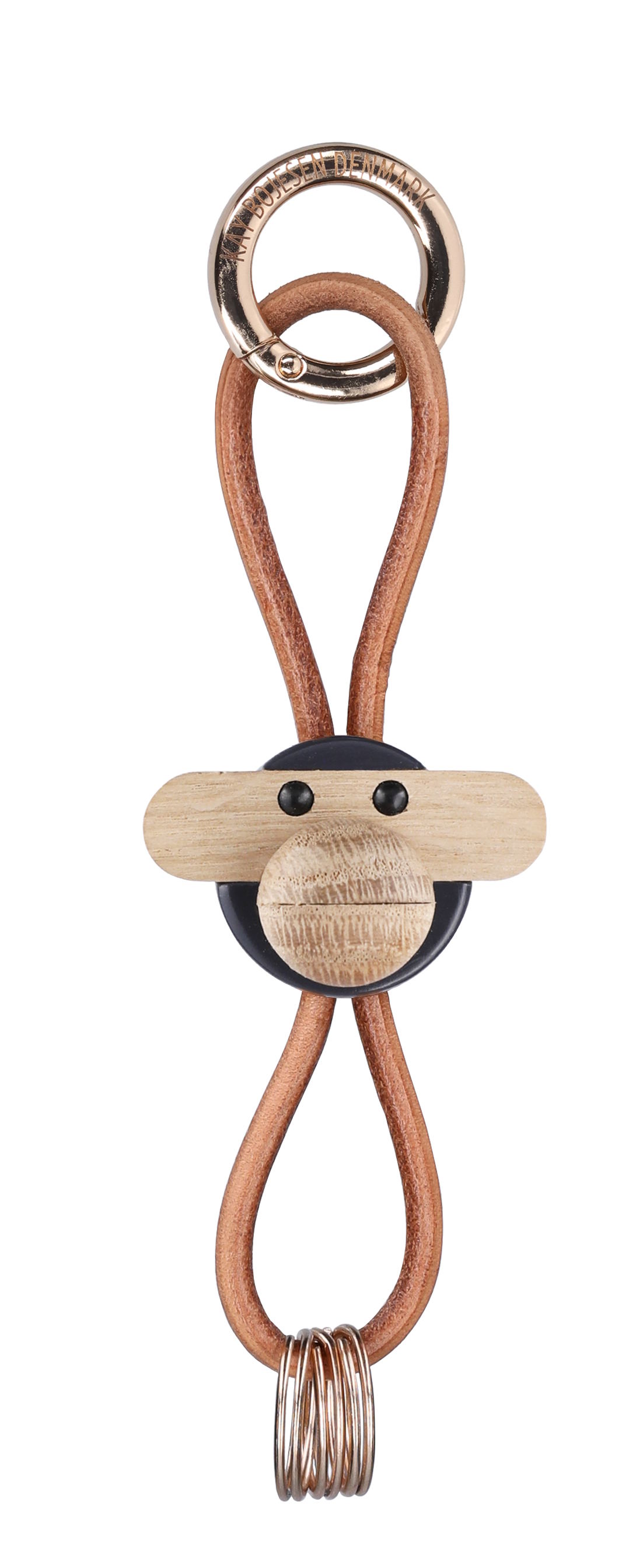 Porte-clés singe gris foncé en métal doré et cuir naturel Kay Bojesen