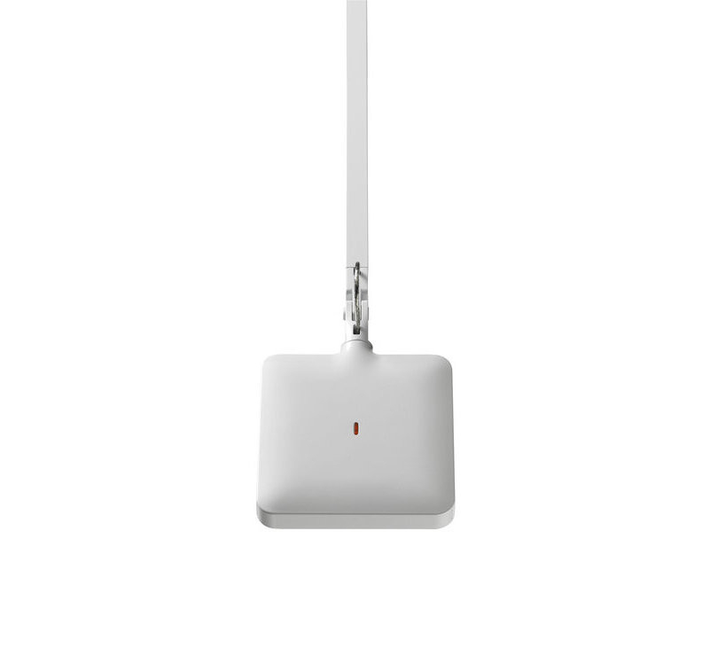 Weiße Kelvin LED Tischleuchte von Flos, Basis mit rotem Punkt, modernes Design.