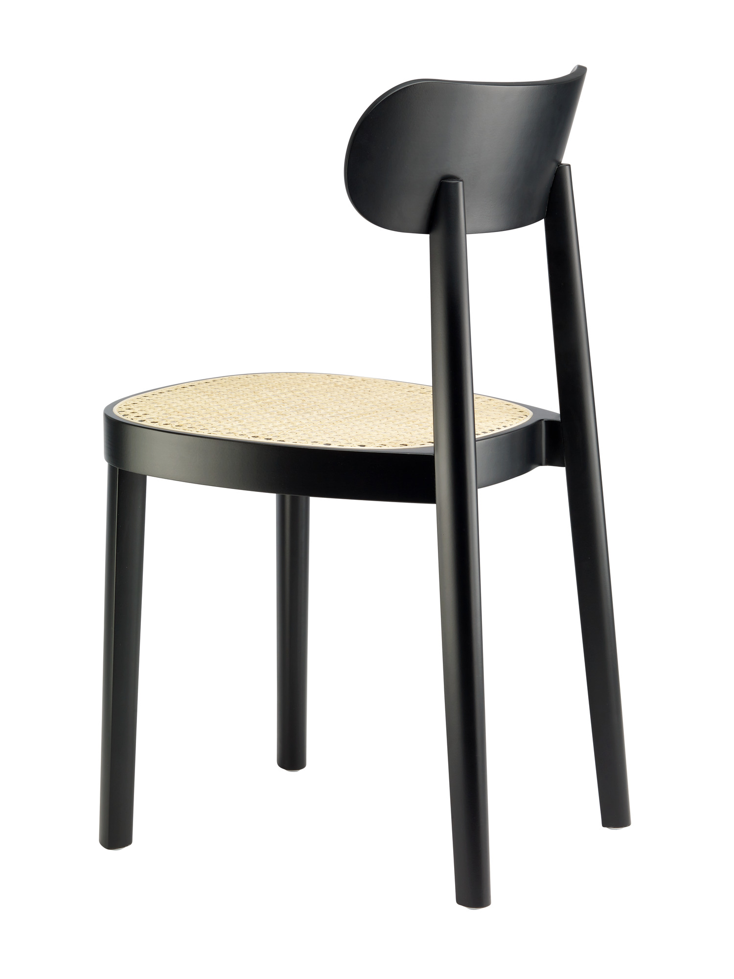 Schwarzer Holzstuhl 118 von Thonet mit Wiener Geflecht Sitzfläche, Ansicht von hinten. Designstuhl für Esszimmer und Wohnbereich.
