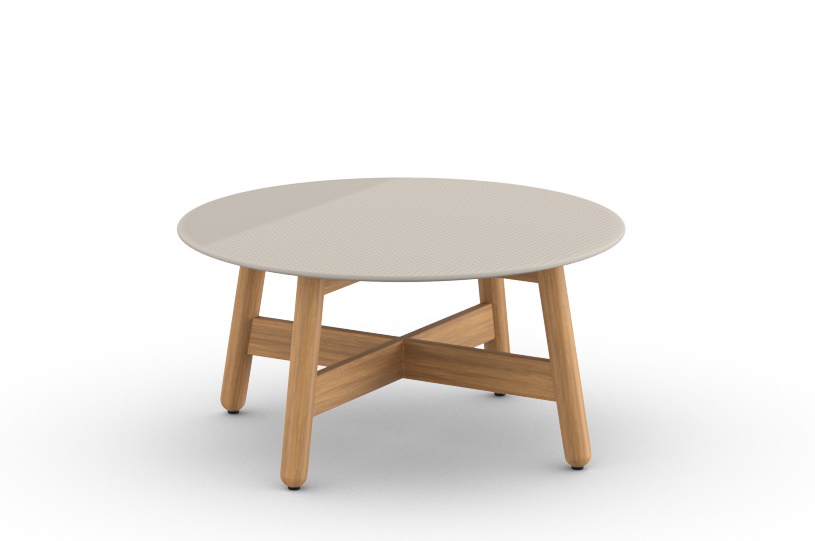 Runder Mbrace Kaffeetisch von Dedon mit beiger Tischplatte und Holzgestell für Garten und Terrasse.