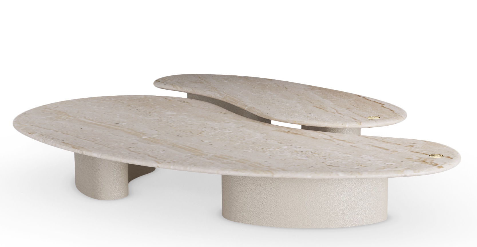 Pam Petit Set Table basse et d'appoint Daino Marbre et cuir crème Mansi London