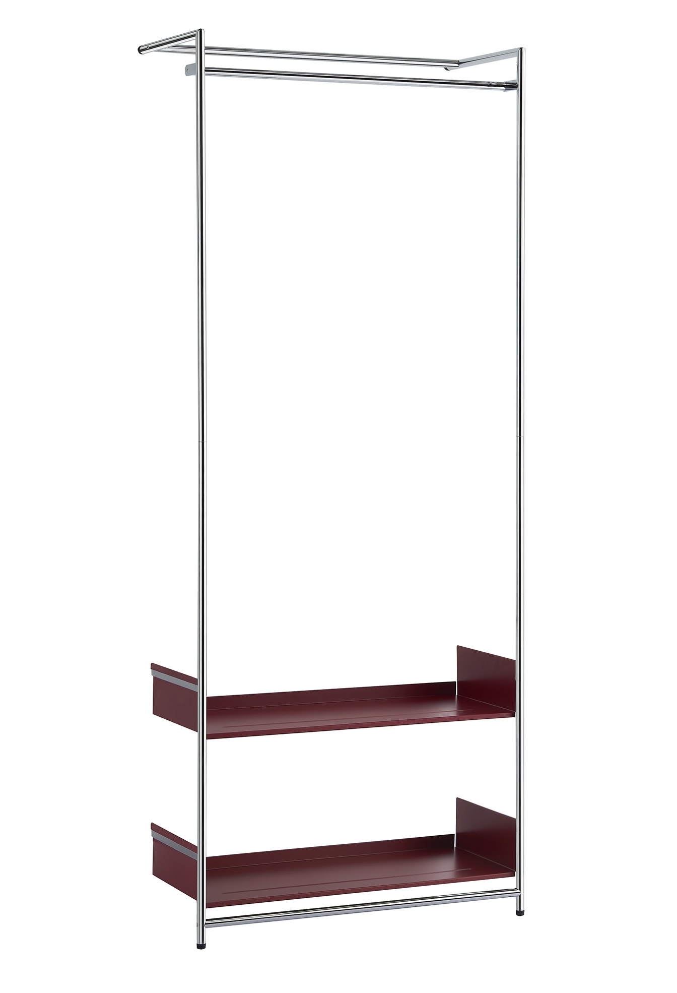 Comba Anlehngarderobe von Mox mit zwei roten Regalböden und einer Kleiderstange aus Chrom.