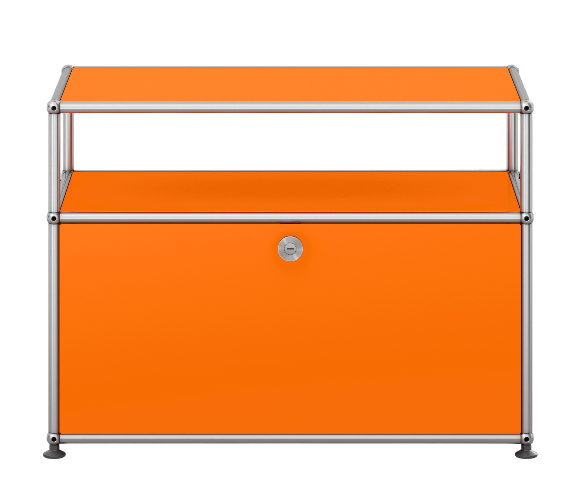 USM Haller Beistelltisch in Reinorange mit einer Klappe, modernes modulares Möbeldesign für Wohnen und Büro.