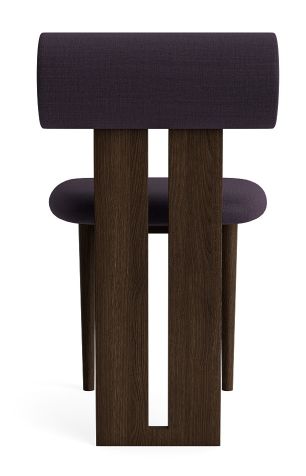 Hippo Stuhl in dunkler Eiche mit lila Stoffbezug von hinten, modernes Möbeldesign.