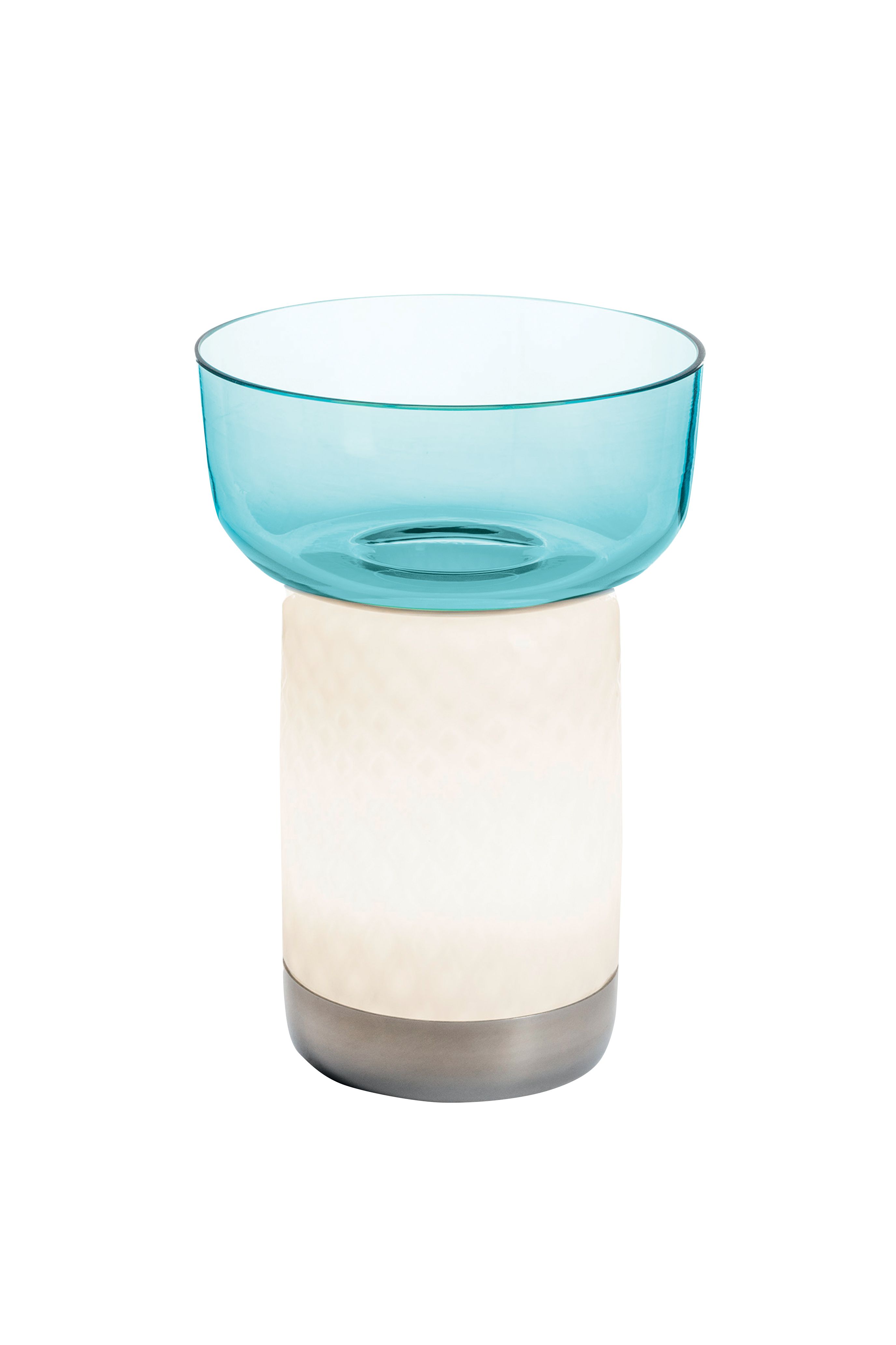 Bontà Akkuleuchte von Artemide mit blauer Schale, Tischleuchte, kabellos, modernes Design.