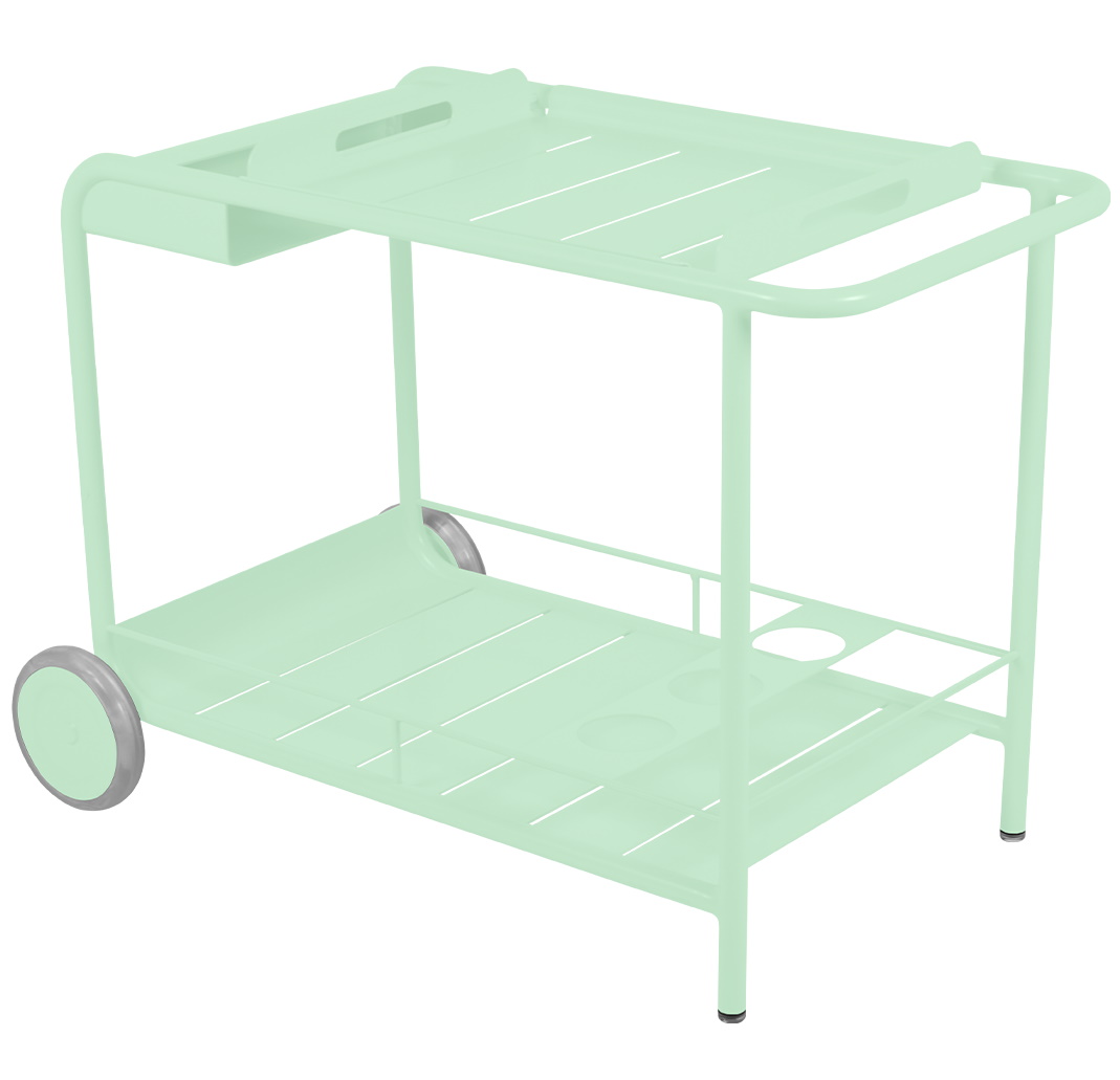 Luxembourg chariot à servir Fermob Vert opale Opalgrüner Fermob Servierwagen für den Outdoor-Bereich mit zwei Ablageflächen und Rollen.