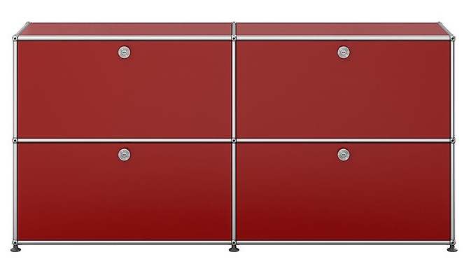 USM Haller Sideboard in Rubinrot mit vier Klappen und verchromtem Gestell, modernes Designmöbel.
