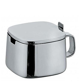 Silberne Alessi Zuckerdose mit Deckel und Löffel, Serie A400, modernes Design für Küche.