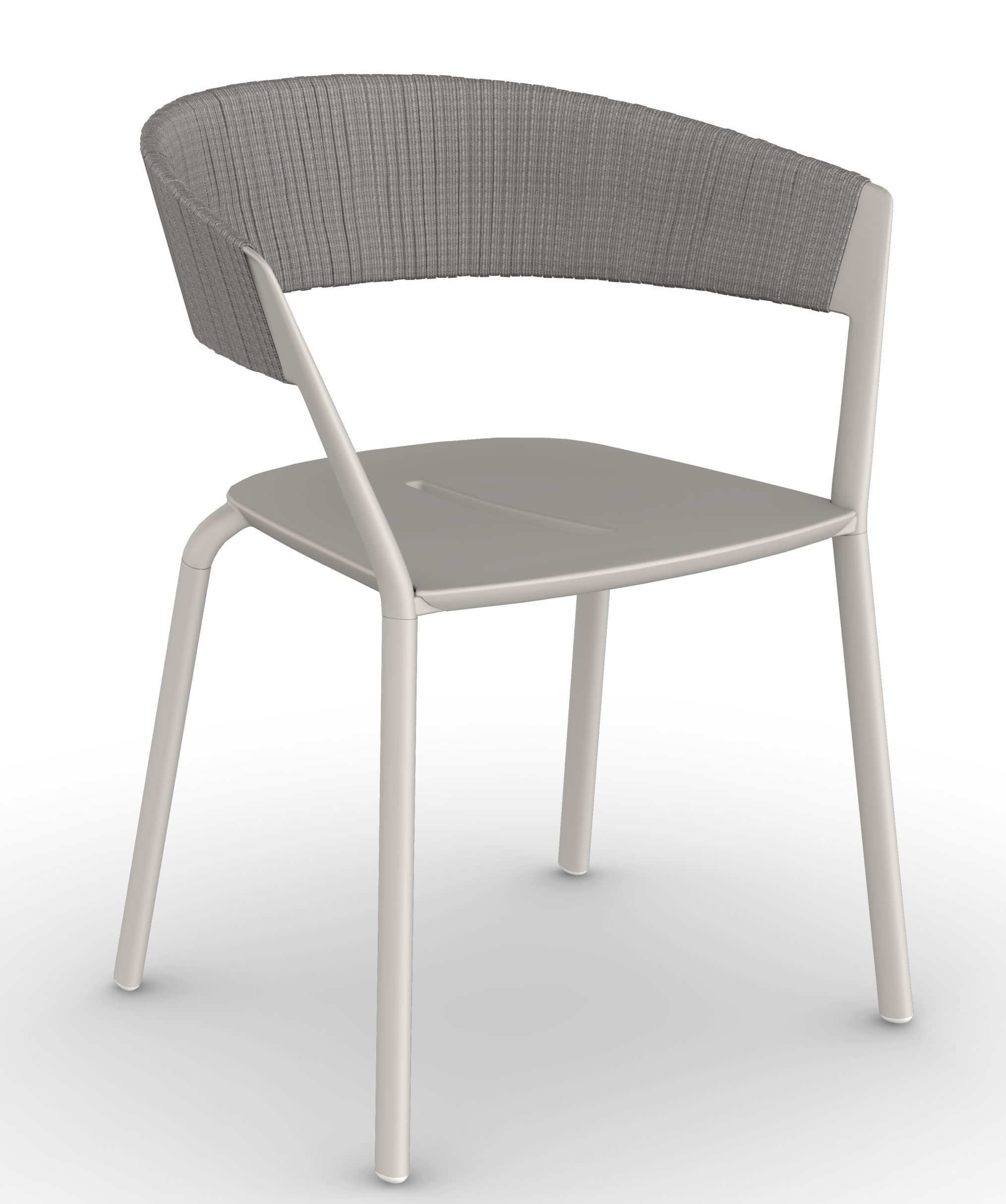 Grauer Ria Stuhl mit Armlehnen und modernem Design für Esszimmer oder Terrasse.