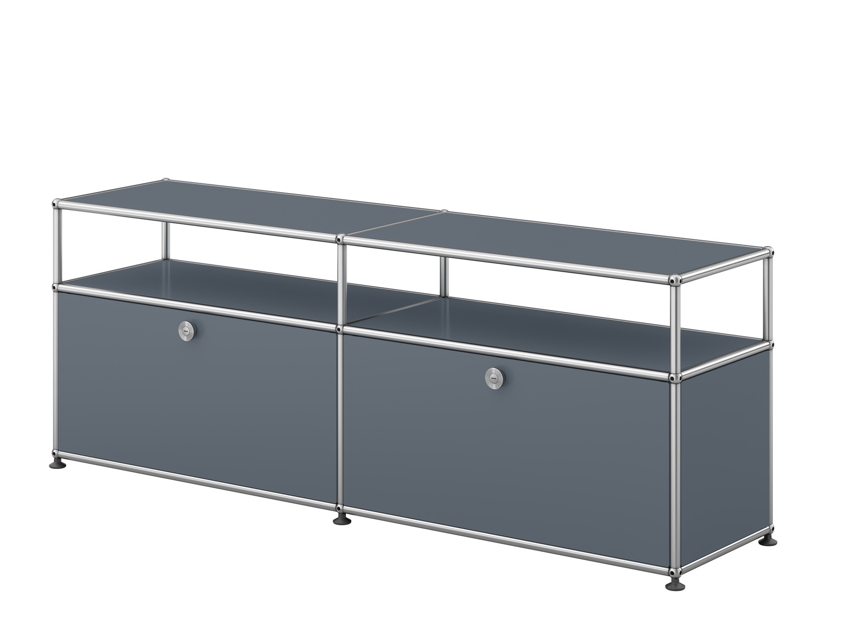 Mittelgraues USM Haller Sideboard für TV und Hi-Fi-Geräte mit zwei abschließbaren Fächern.
