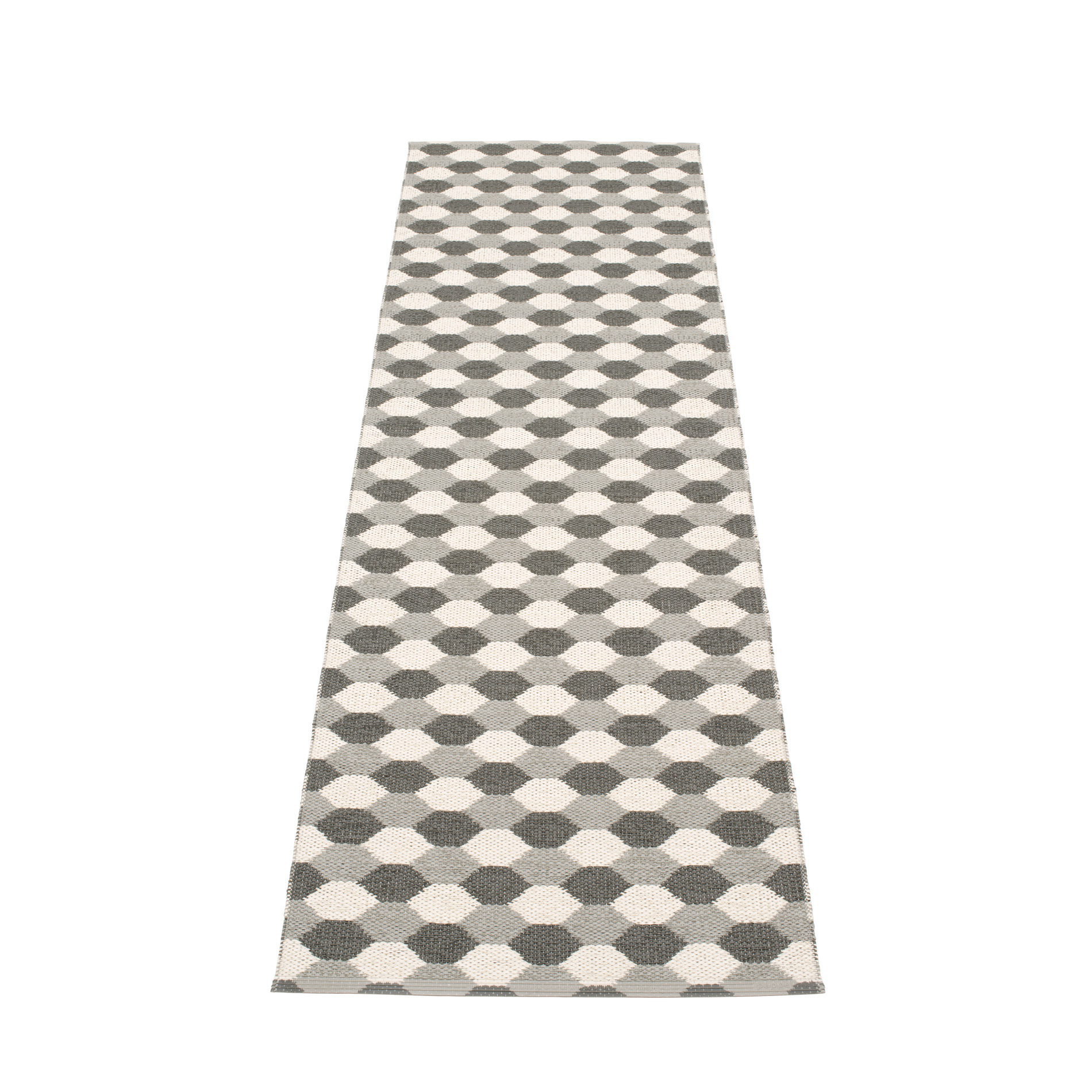 Dana tapis en plastique 70x335 de gris Pappelina  Dana Kunststoffteppich 70x335 Grau Pappelina mit grafischem Muster für Flur, Küche und Bad.
