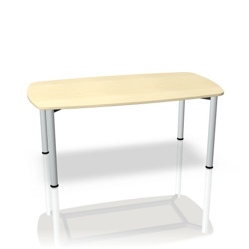 Systo Tec Konferenztisch von Palmberg, Ellipsenförmige Tischplatte mit hellen Holzdekor und silbernen Tischbeinen.