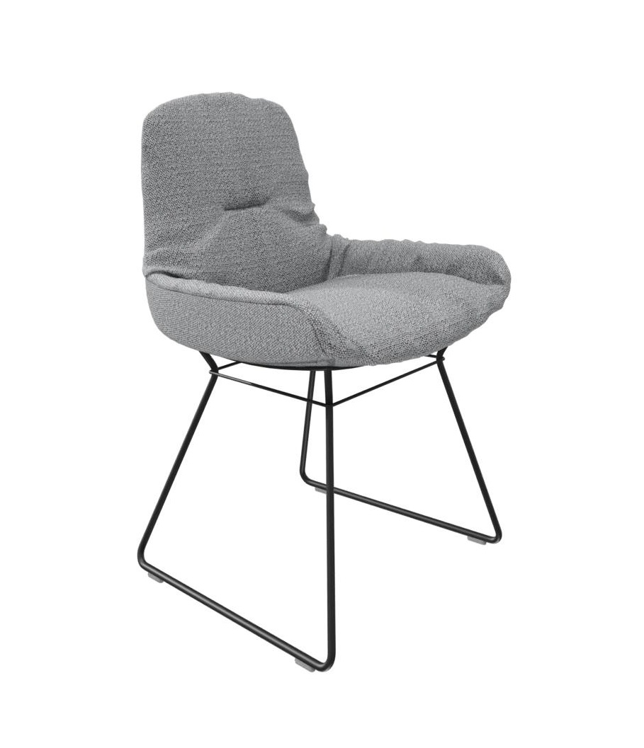 Leya Stuhl mit niedriger Armlehne, Safire Stoffbezug und schwarzem Drahtgestell. Moderner Designstuhl.