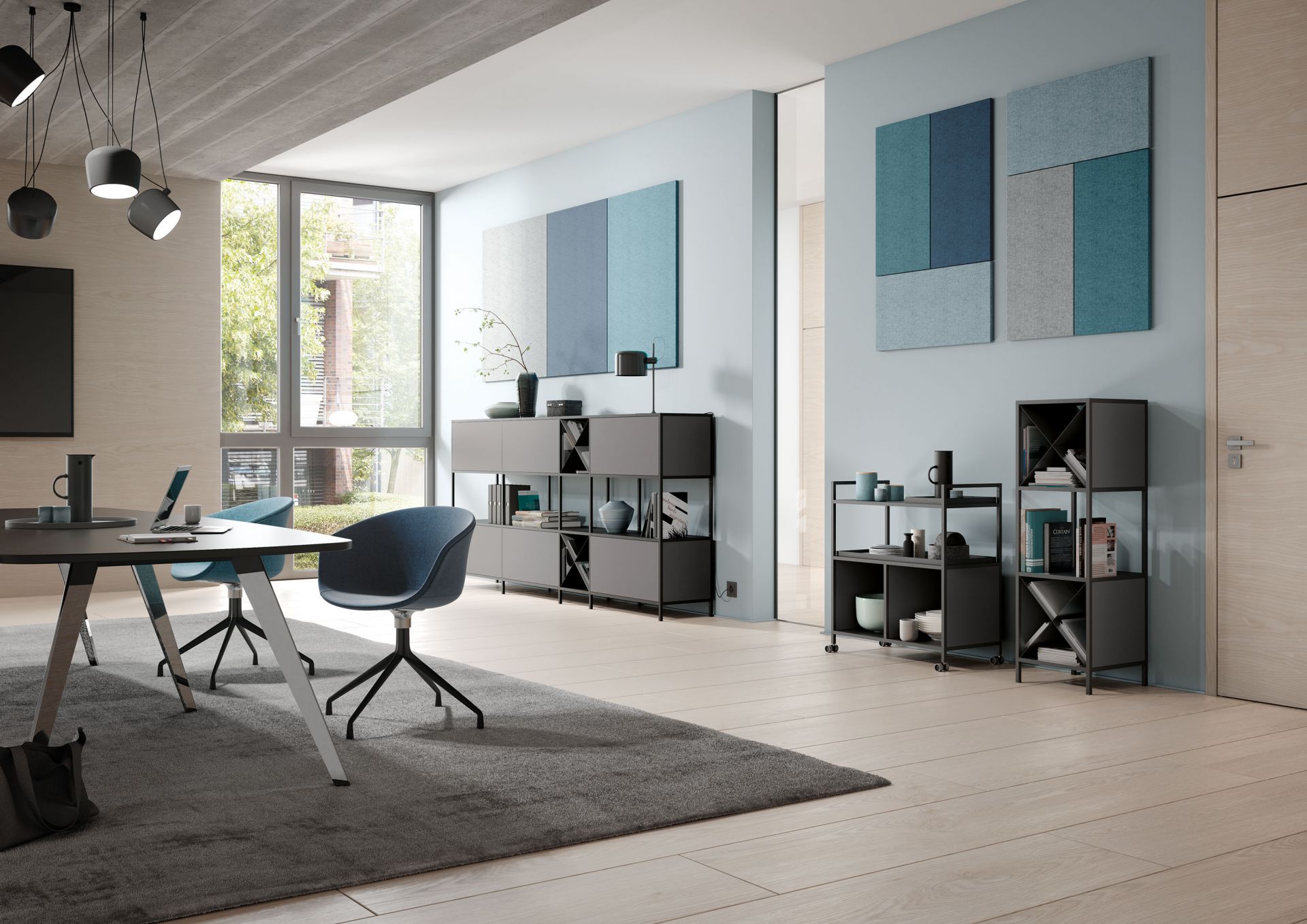 Modernes Büro mit Palmberg Regal, 3 Fächer, in Anthrazit. Büroregal zur Aufbewahrung und Dekoration.