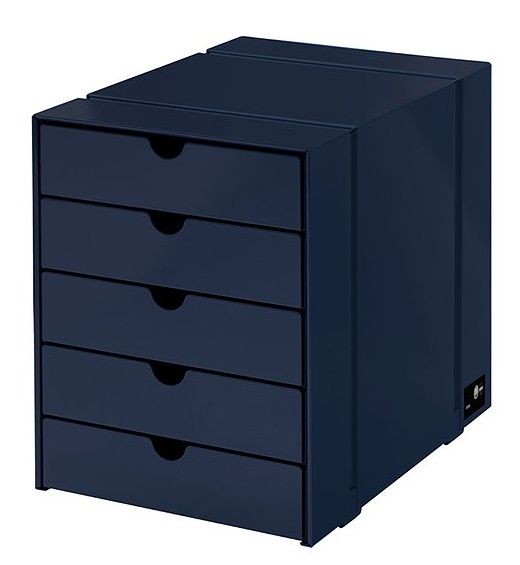USM Haller Inos Kastenset C4 in Stahlblau mit fünf geschlossenen Schubladen für das Home Office.
