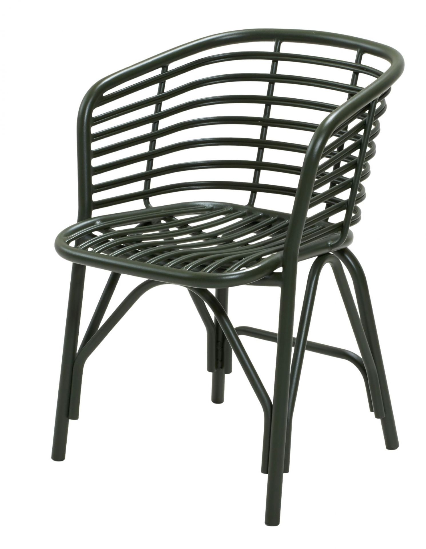 Dunkelgrüner Cane-Line Sessel für den Außenbereich. Moderner Gartensessel aus Metall mit filigranem Design.