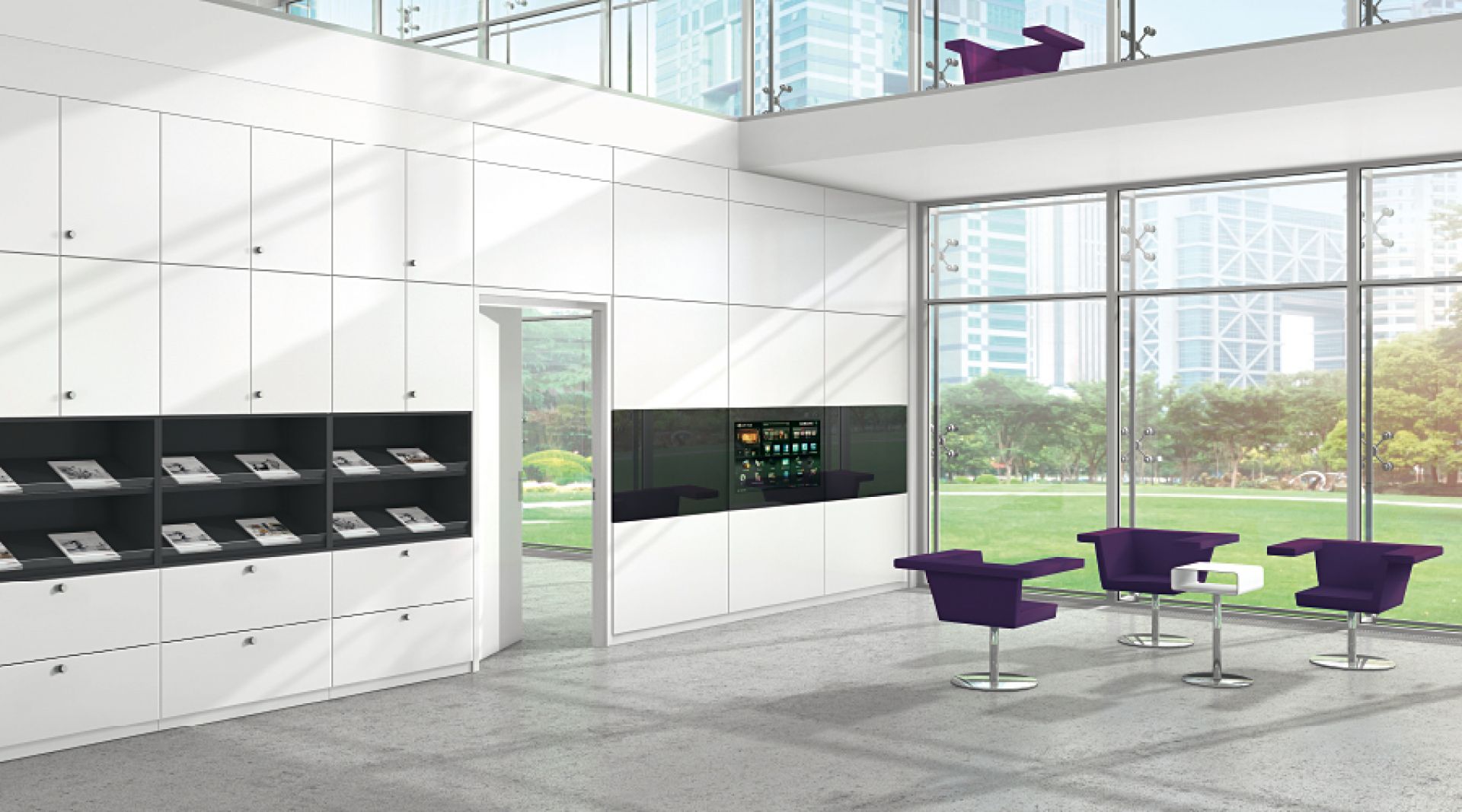 Allvia Schiebetürenschrank von Assmann Büromöbel: Weißer Büroschrank mit Schiebetüren und Regalen in modernem Büro.