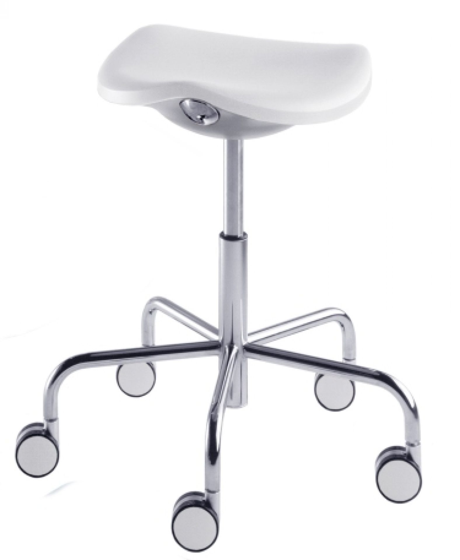 Weißer Welcome Drehhocker von Rexite mit Chromgestell und Rollen, höhenverstellbarer Bürohocker für ergonomisches Sitzen.