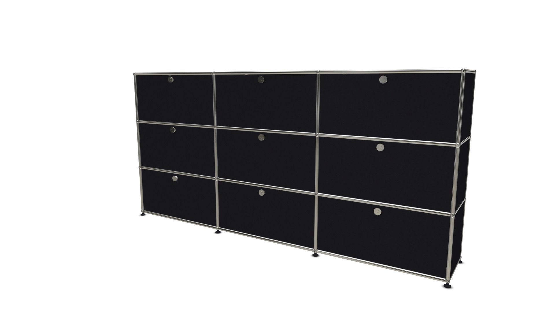 Schwarzes USM Haller Highboard mit neun Klappen, modulare Aufbewahrungslösung für modernes Wohnen und Büro.