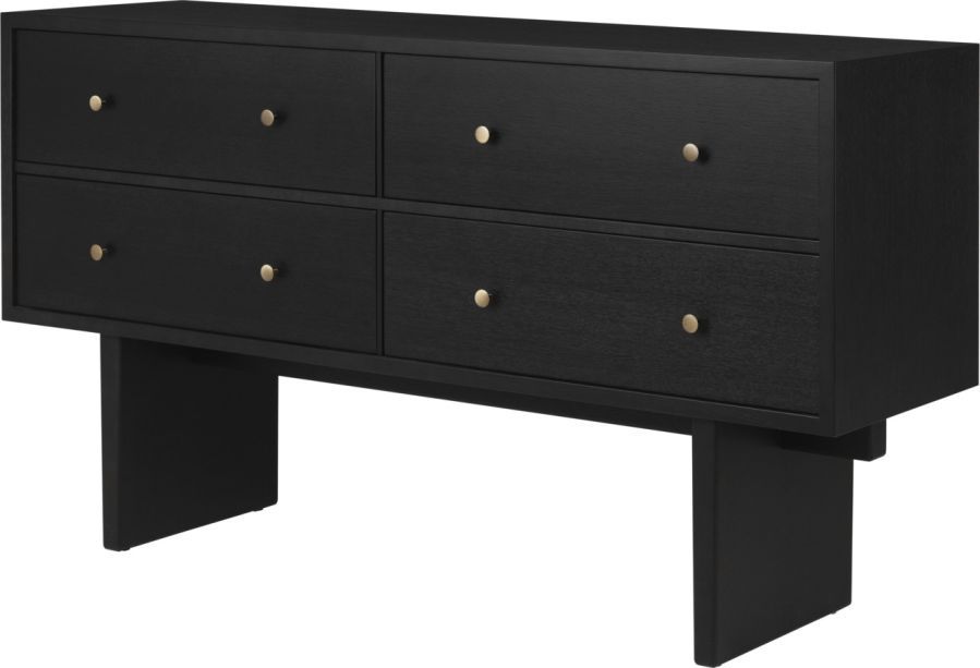Private Sideboard placage en chêne teinté brun noir Gubi Private Sideboard von Gubi, braun gebeiztes Eichenfurnier mit schwarzen Schubladen und goldenen Griffen.