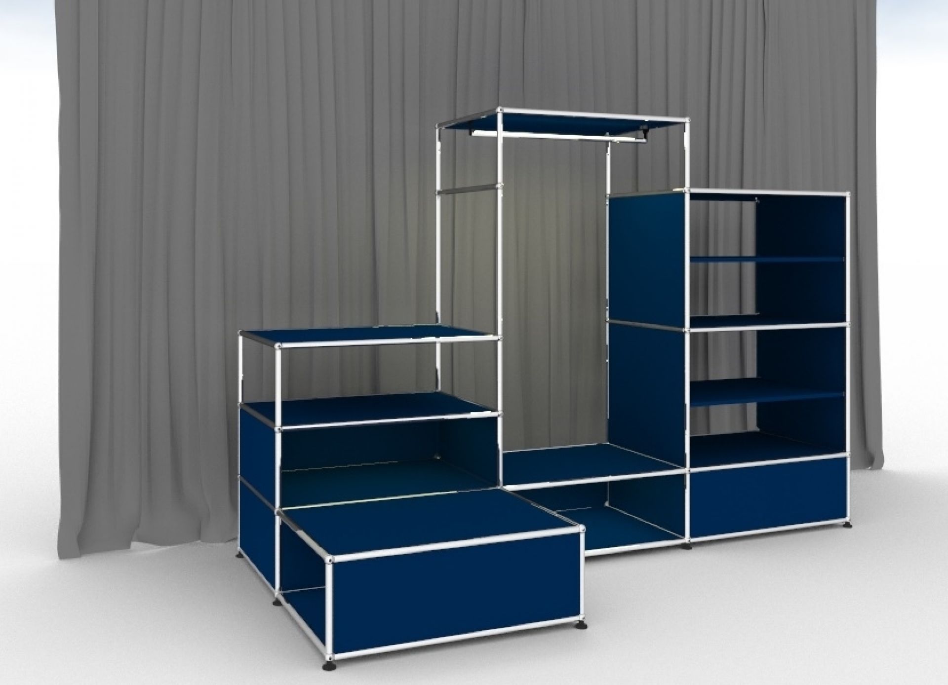 Enzianblaue USM Haller Garderobe mit Beleuchtung und Regalen, modernes modulares Designmöbel.
