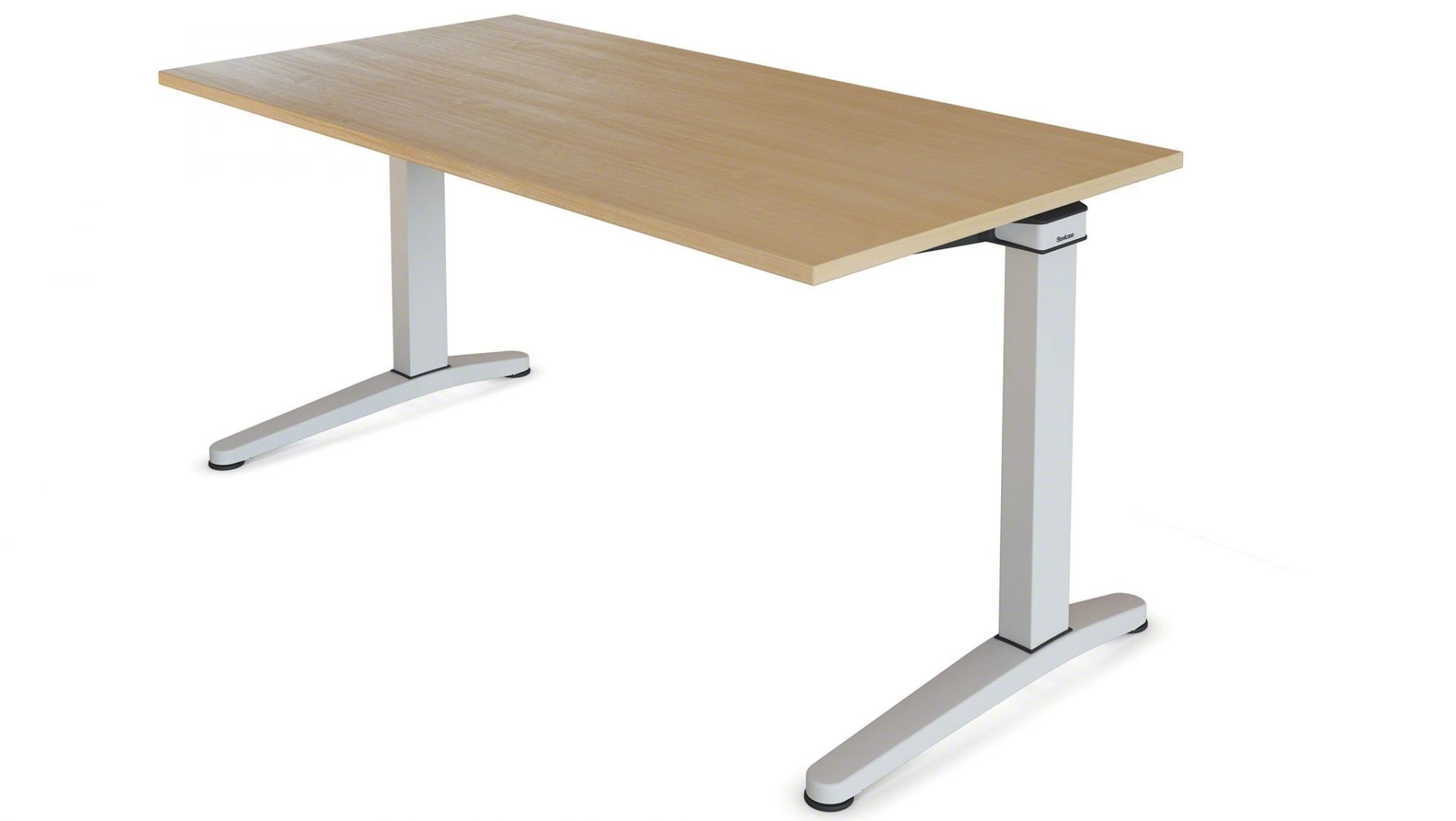 Steelcase Ology Sitz-Steh-Tisch mit heller Holzplatte und weißem Gestell für ergonomisches Arbeiten.