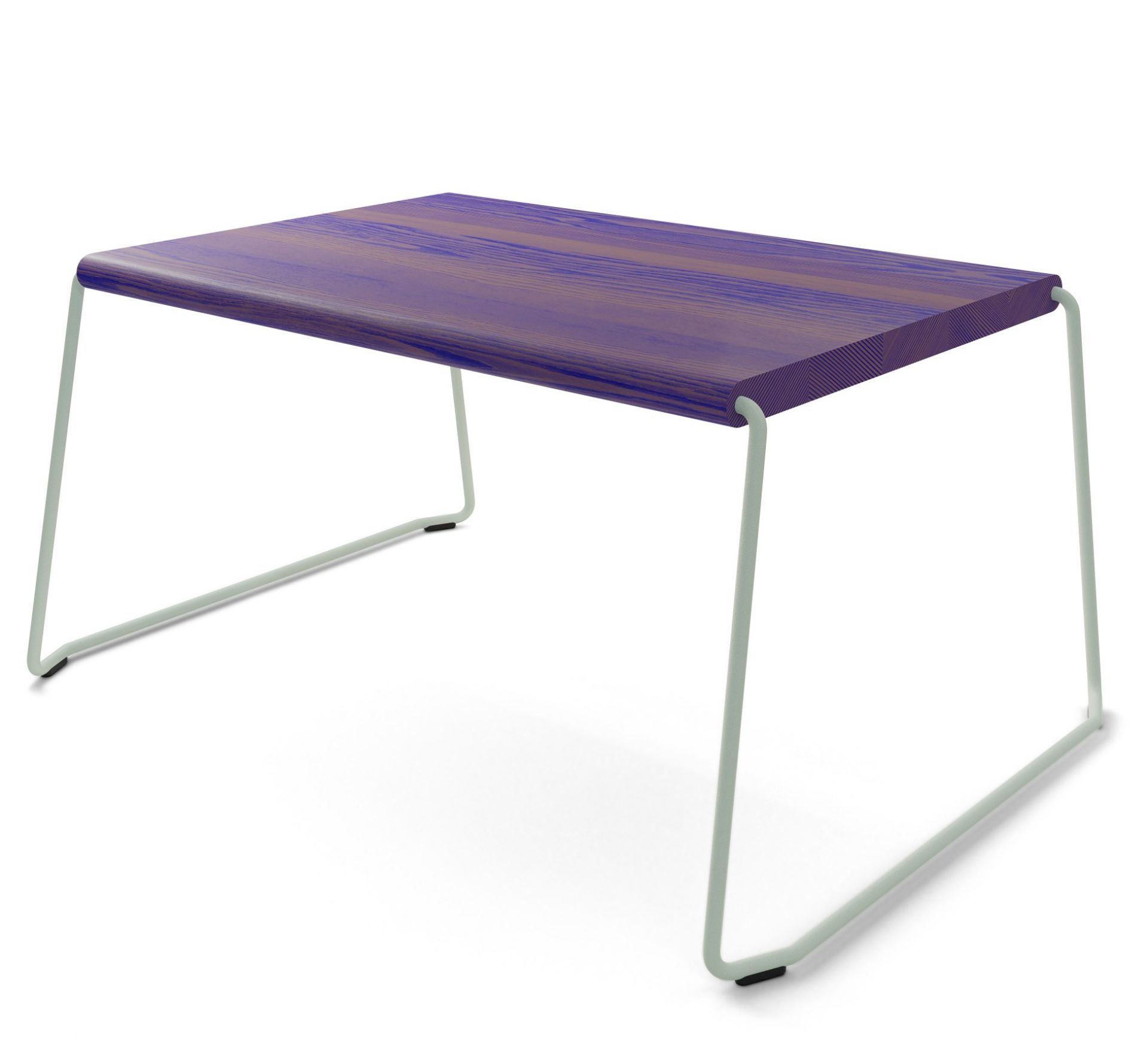 D:009 Table Basse Ultraviolet Fuchs & Habicht D:009 Couchtisch mit violetter Holzplatte und hellgrünem Metallgestell. Moderner Beistelltisch für Wohnzimmer.