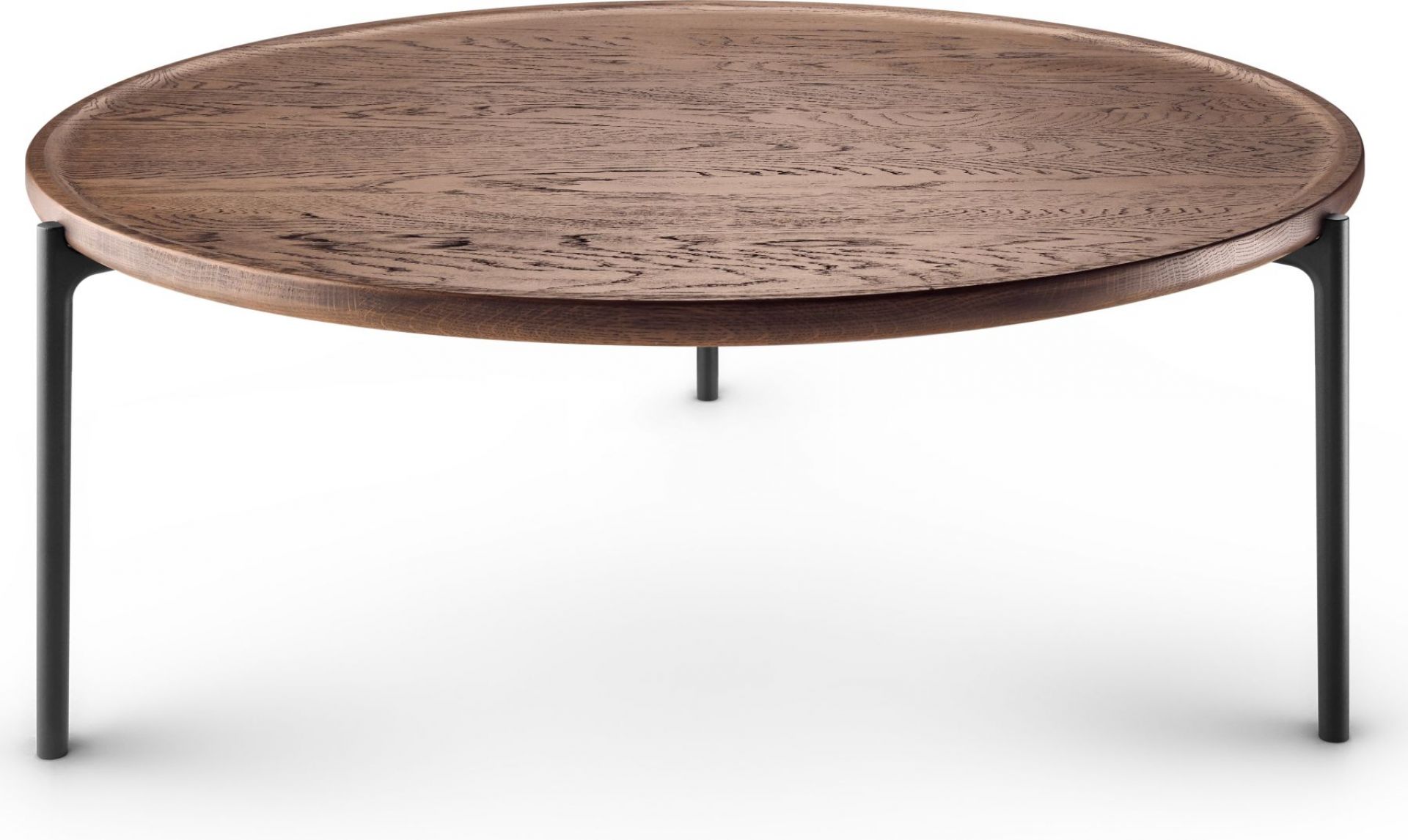 Savoye Tisch: Runder Couchtisch aus geräucherter Eiche mit schwarzen Metallbeinen von Eva Solo.