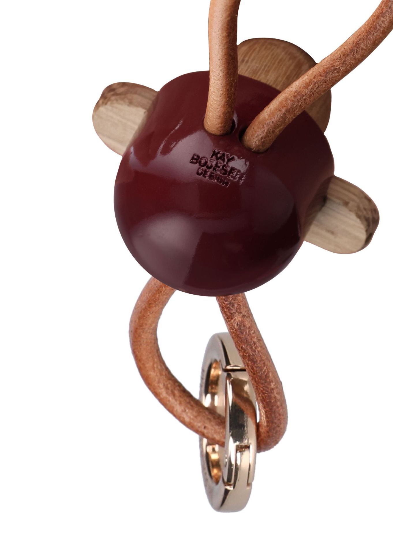 Porte-clés Monkey Bordeaux métal doré et cuir naturel Kay Bojesen