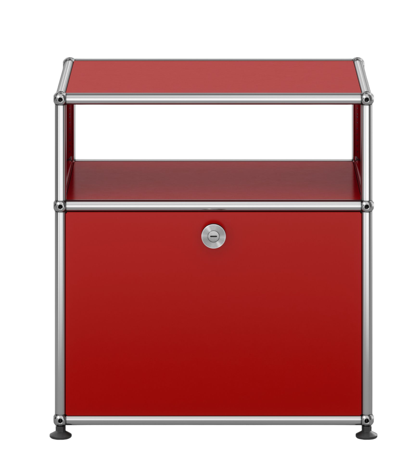 USM Haller Table de nuit avec Porte rabattable Rouge USM Haller Nachttisch in Rubinrot mit Klapptür und Chromgestell, modernes Schlafzimmermöbel.
