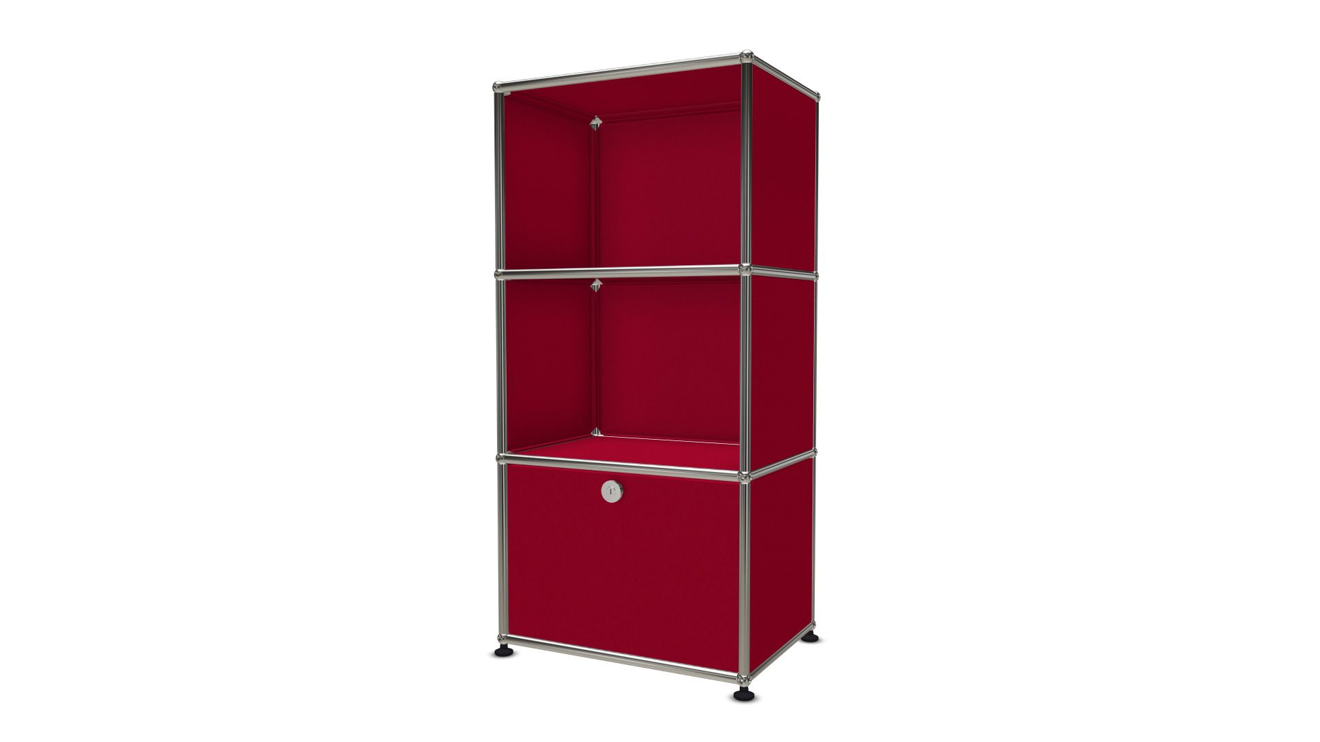 Rotes USM Haller Regal mit Ausziehtür, modulare Möbel für stilvolles Wohnen und Büro.